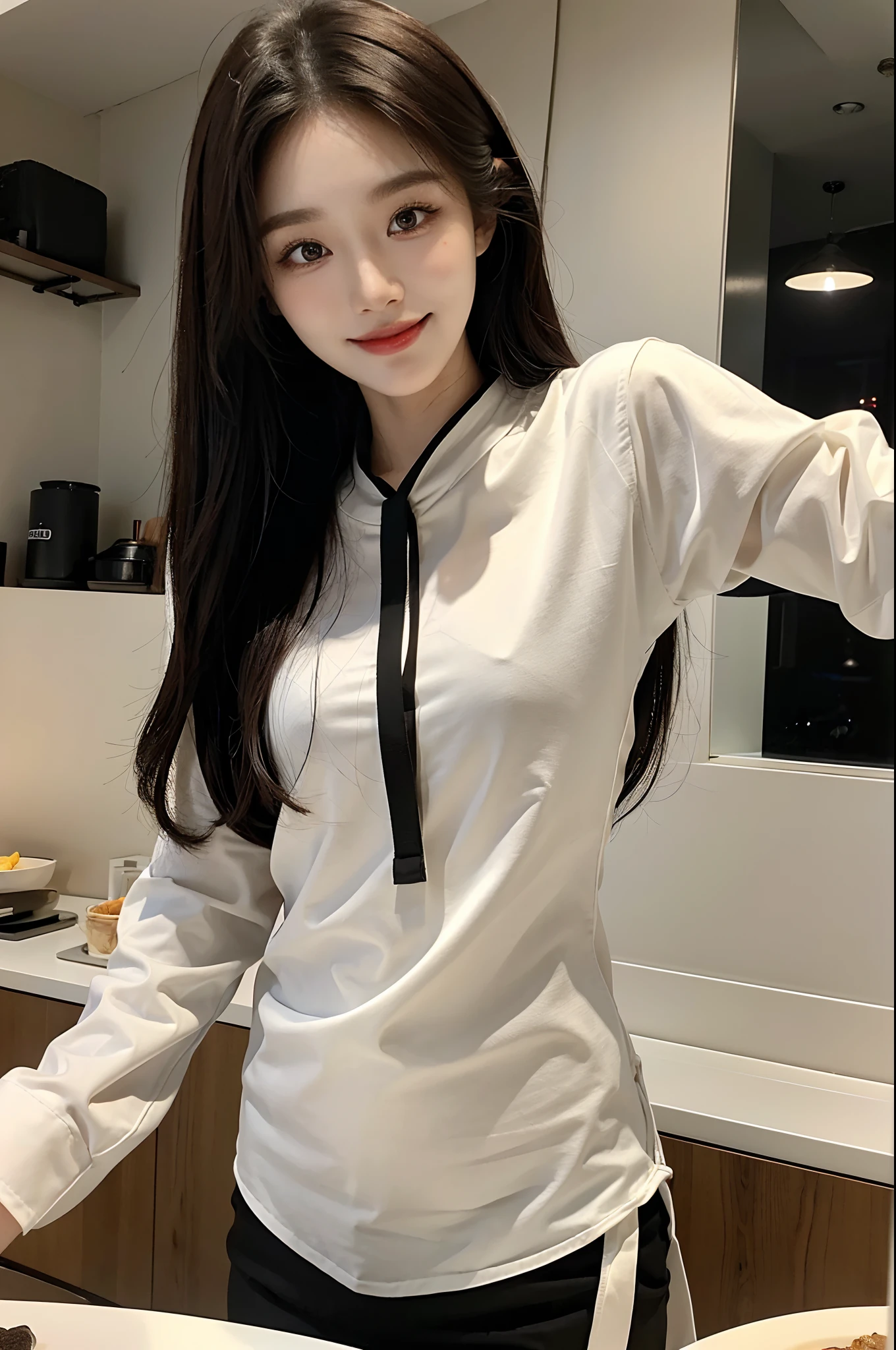 ​masterpiece、top-quality)、1 pretty girl、Slim body、((Cute black and white plain clothes:1.1))、(Detailed beautiful eyes)、In the kitchen of a rich man's house、Face similar to Chaewon in Le Selefim、((Boyish Brown Medium Hair))、((Smaller face))、((Neutral face))、((Light brown eyes))、((Korean Girl))、((18year old))、((Cute Woman))、((A shy smile on his face))、((Korean Makeup))、((elongated and sharp eyes))、((Happy dating))、((boyish))、((In the middle of the meal))、((Looking Up))、((shot from front))