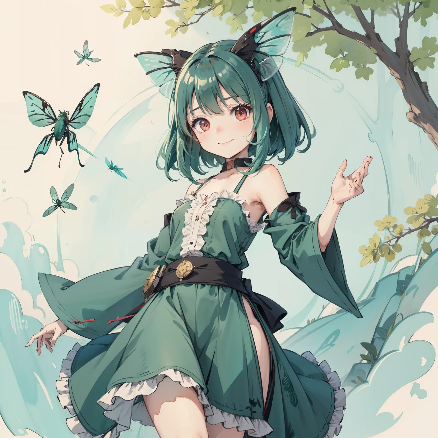 1girll, Long aqua green hair, Red eyes, dress, She has dragonfly-like membranous wings,Insect lady,(Solo:1.3),Simple drawing, Cute, Big smile,Dancing,Watercolor illustration, Perfect anatomy, Masterpiece, Best quality, 1girll, li,eature, landscape