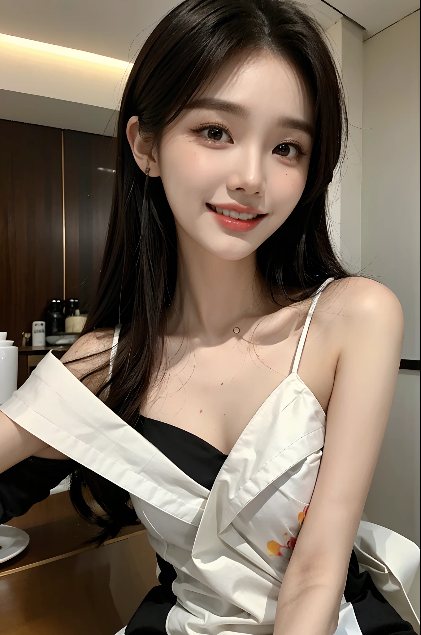 masterpiece、top-quality)、1 pretty girl、Slim body、((Cute black and white plain clothes:1.1))、(Detailed beautiful eyes)、In the kitchen of a rich man's house、Face similar to Chaewon in Le Selefim、((Boyish Brown Medium Hair))、((Smaller face))、((Neutral face))、((Light brown eyes))、((Korean Girl))、((18year old))、((Cute Woman))、((A shy smile on his face))、((Korean Makeup))、((elongated and sharp eyes))、((Happy dating))、((boyish))、((In the middle of the meal))、((Looking Up))、((shot from front))