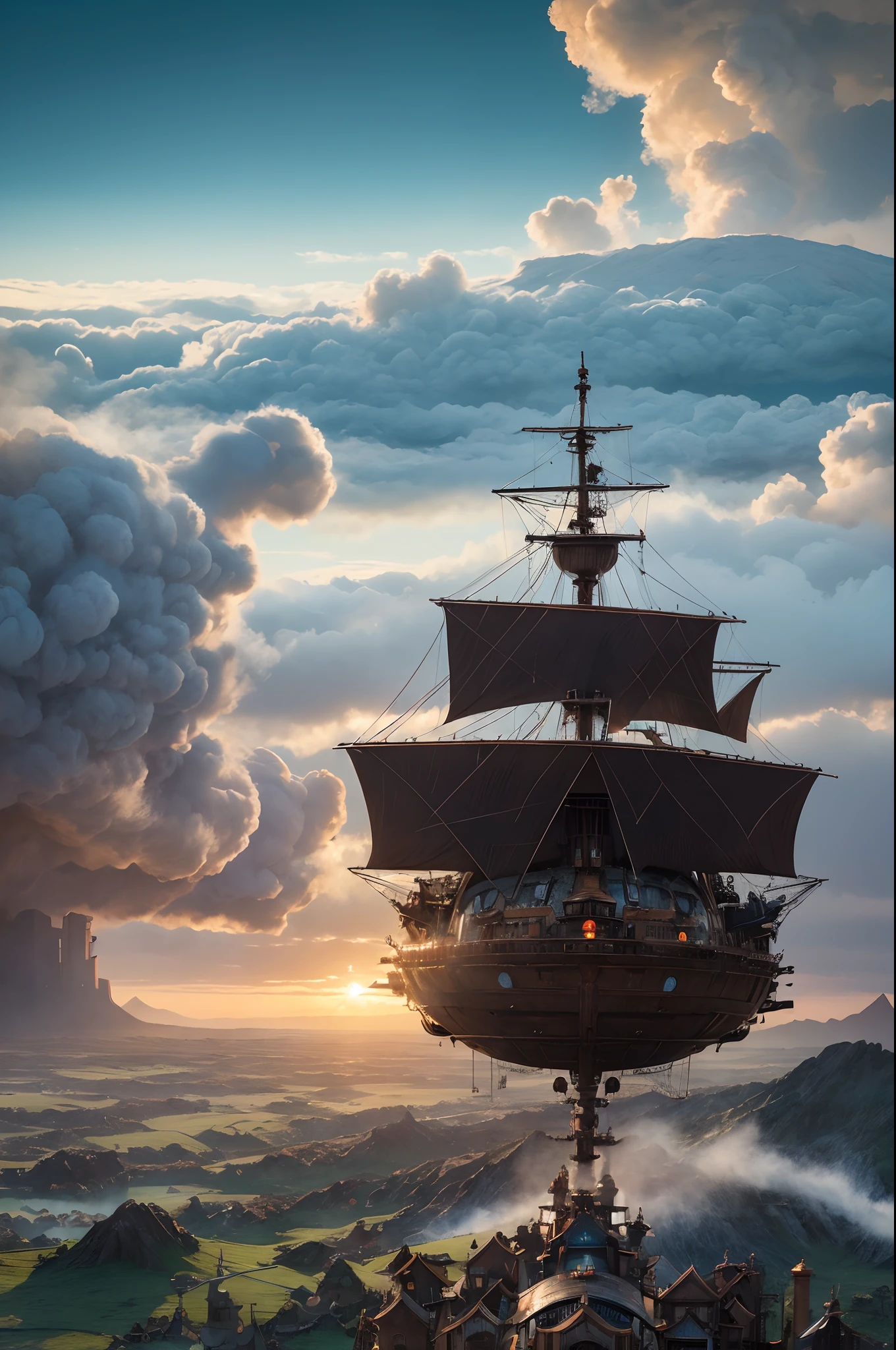 steampunc,Hayao Miyazaki animation,Howl's Moving Castle,Huge moving castle,dynamic blur,super-fine,ultra - detailed,high qulity,8K ,oc rendered,dynamic viewing angle,Hyper Real,Ultra photo realsisim