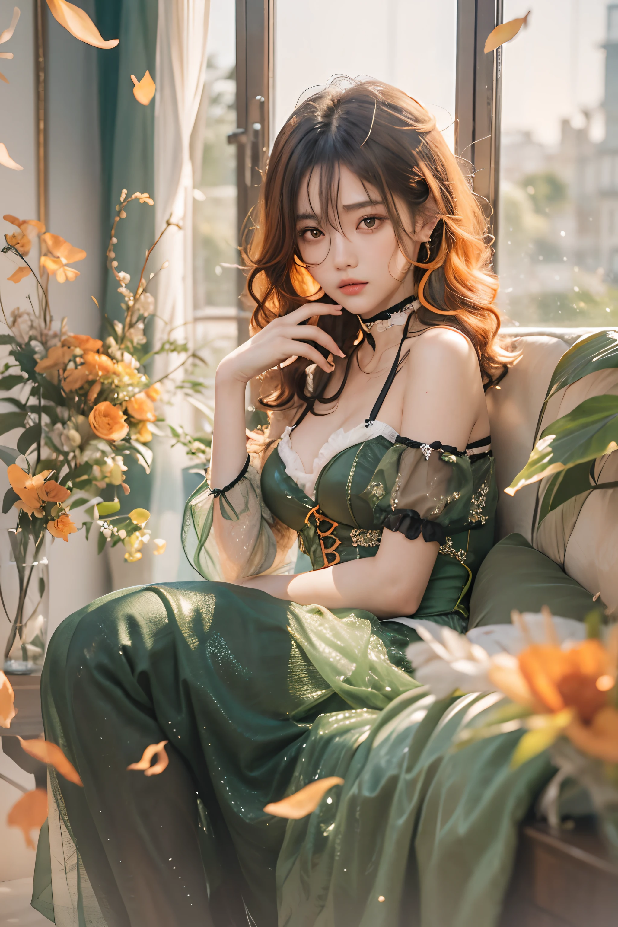 (upper Shot)、1girl in、in her 20s、((Medium Hair))、(((Black to orange gradient hair)))、((bangss))、(Photoreal Stick:1.2)、in 8K、(High quality shadows)、(A charming expression)、Detail Beautiful delicate face、Detail Beautiful delicate eyes、Cute K-pop Idol、(Korean Urzan Face)、pureerosface_v1、(looking at view)、gloweyes、perfectbody、((strong lights))、(a choker)、(piercings)、((Brown eyes))、((Beautiful Finger))、 Shiny hair、Description beautiful delicate hair、(Lustrous skin)、((Green see-through dress))、(corsets)、(long skirt)、 (early evening)、Background blur、灯光、huge window、(Strong Western Sun From the Window)、Flowers in a vase、Sit on a large sofa、Seductive poses、