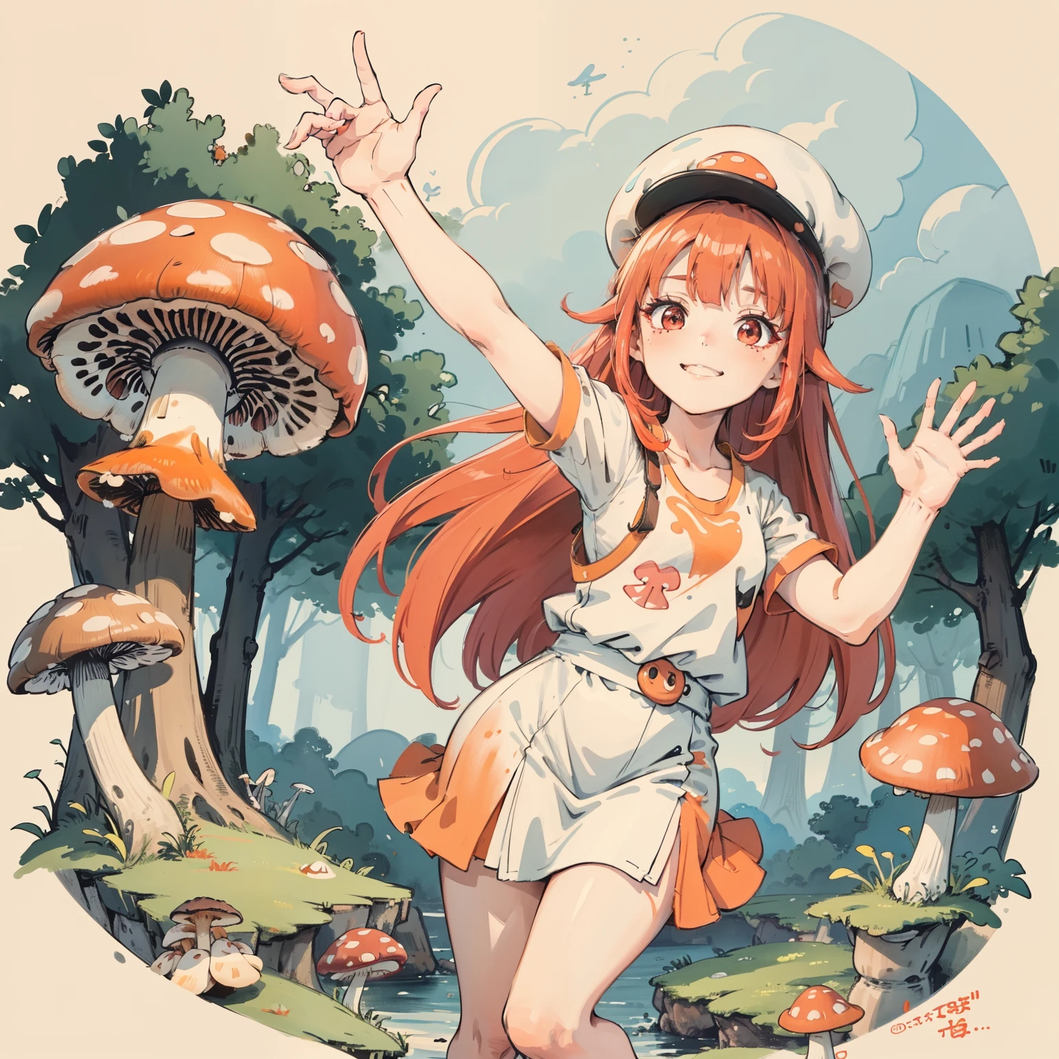 1girll, Long orange-red hair, Red eyes, dress, (Solo:1.3),Simple drawing, Mushrooms and girls, Cute, Big smile, Mushrooms + Mushrooms + Mushrooms + Mushrooms + Mushrooms,Red mushrooms,Cyan mushrooms,White mushrooms,From the side Side,Dancing,Watercolor illustration, Perfect anatomy, Masterpiece, Best quality, 1girll, ,Nature, landscape