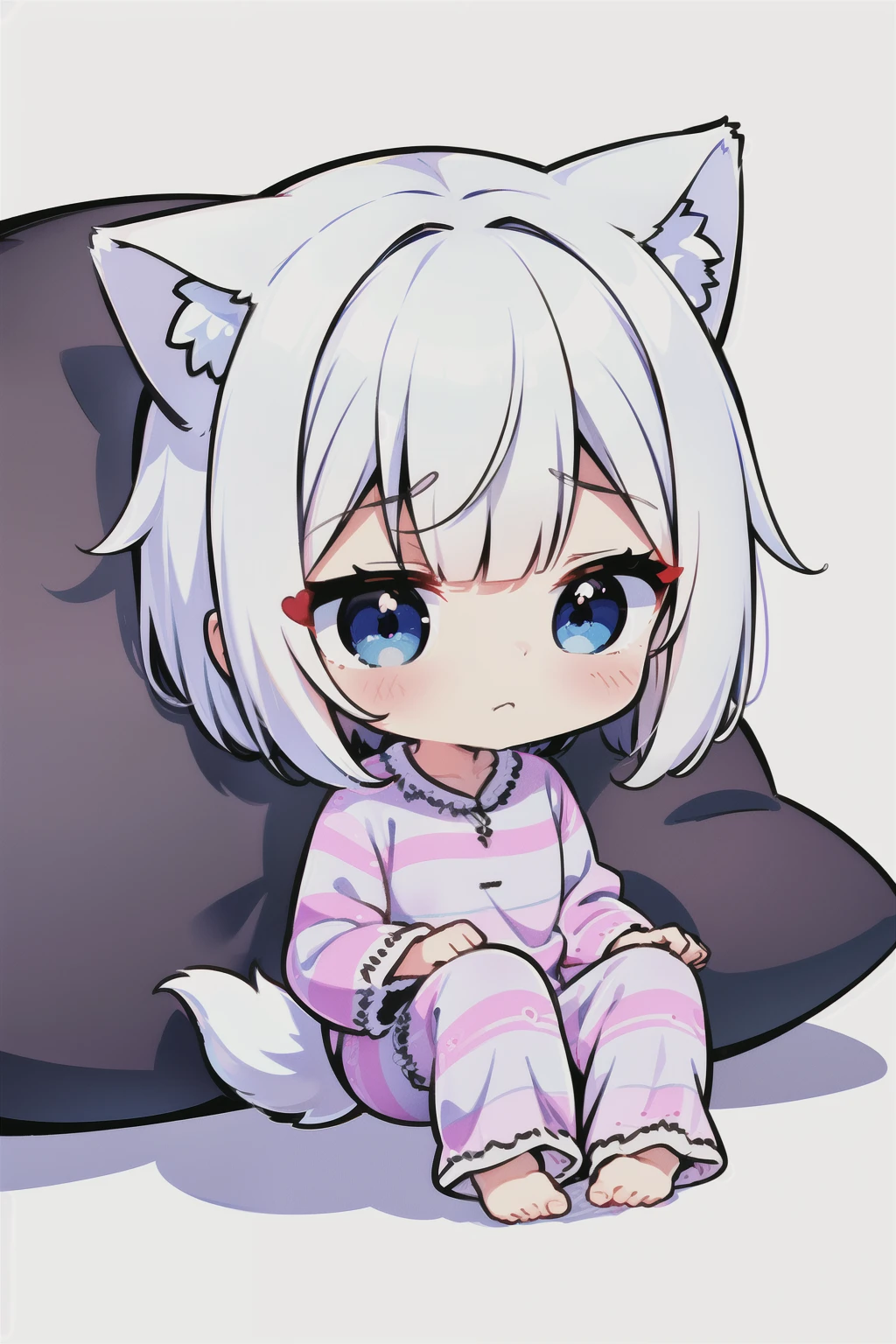 High quality, 1girl, ((((Candy Candy anime style)))), (wolf girl, wolf ears, wolf tail), animal ears, animal tail, ((((short hair)))), ((silver white hair)), hair clip, ((hair tap eye)), ((blue eyes)), long eyeslashes, eyeliner, (((small breasts, old pijama))), ((sleepy, pillow in hand)), ((worried, sad expression, mellancholic look, blue eyes)), (white background), closed_mouth, blush, eyelashes, detailed shadows, detailed body, detailed eyes, detailed lines, (((chibi style, anime coloring, 4K))).