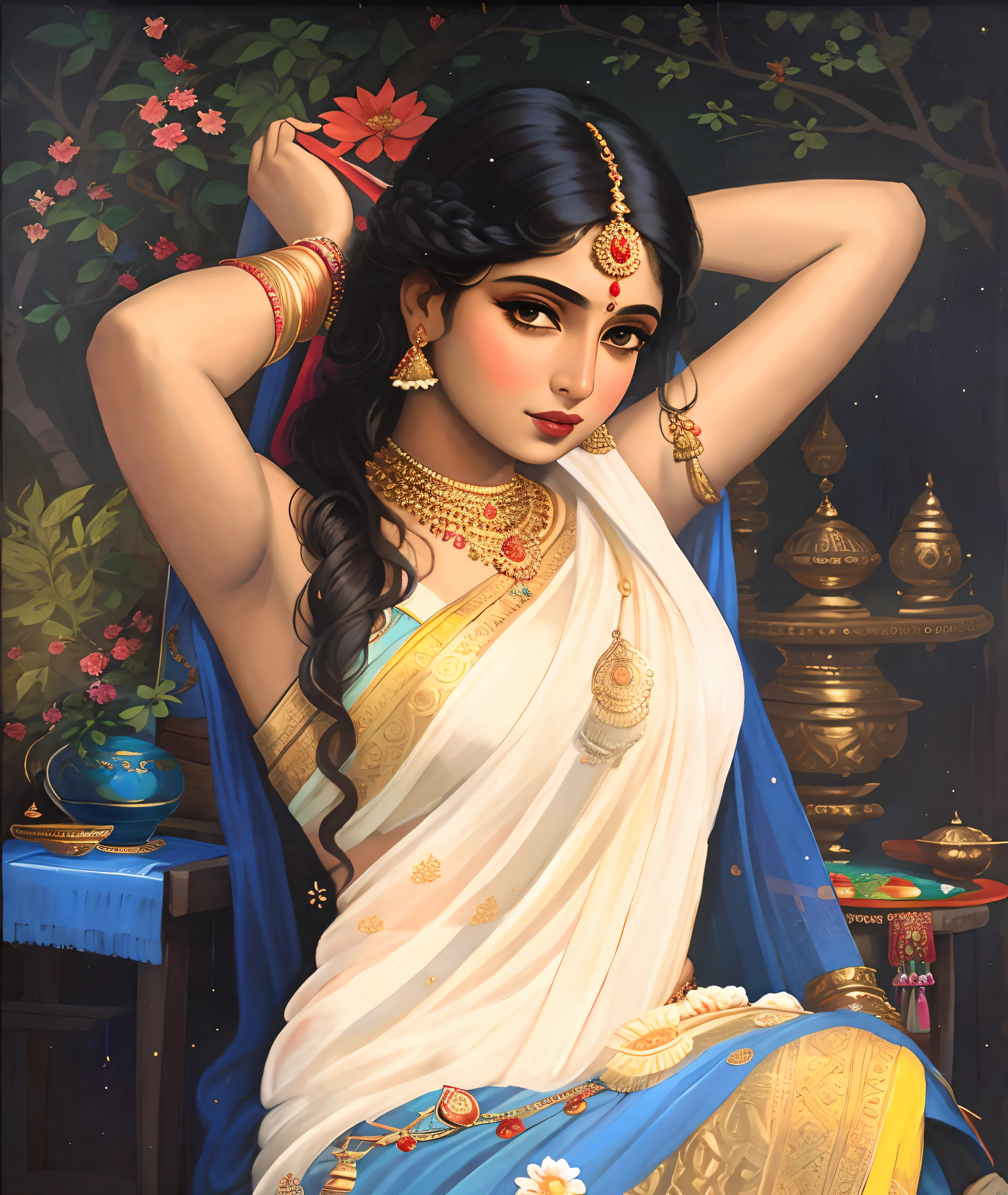 painting of a woman in a sari sitting on a chair, traditional beauty, portrait of a beautiful goddess, indian goddess, inspired by Raja Ravi Varma, indian art, beautiful goddess, painting of beautiful, beautiful character painting, a stunning portrait of a goddess, beautiful maiden, gorgeous woman, godess, by Raja Ravi Varma, inspired by T. K. Padmini