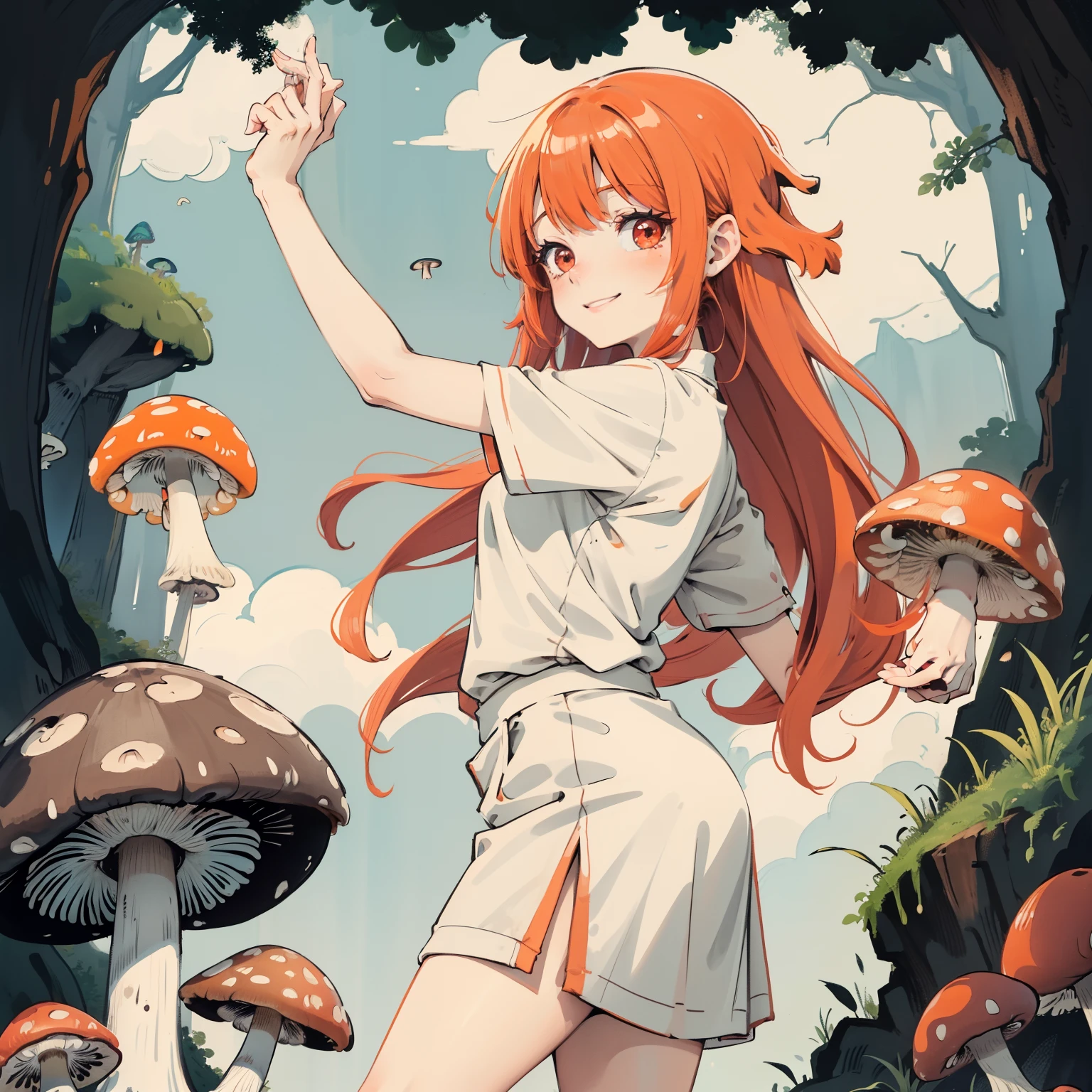 1girll, Long orange-red hair, Red eyes, dress, (Solo:1.3),Simple drawing, Mushrooms and girls, Cute, Big smile, Mushrooms + Mushrooms + Mushrooms + Mushrooms + Mushrooms,Red mushrooms,Cyan mushrooms,White mushrooms,From the side Side,Dancing,Watercolor illustration, Perfect anatomy, Masterpiece, Best quality, 1girll, ,Nature, landscape
