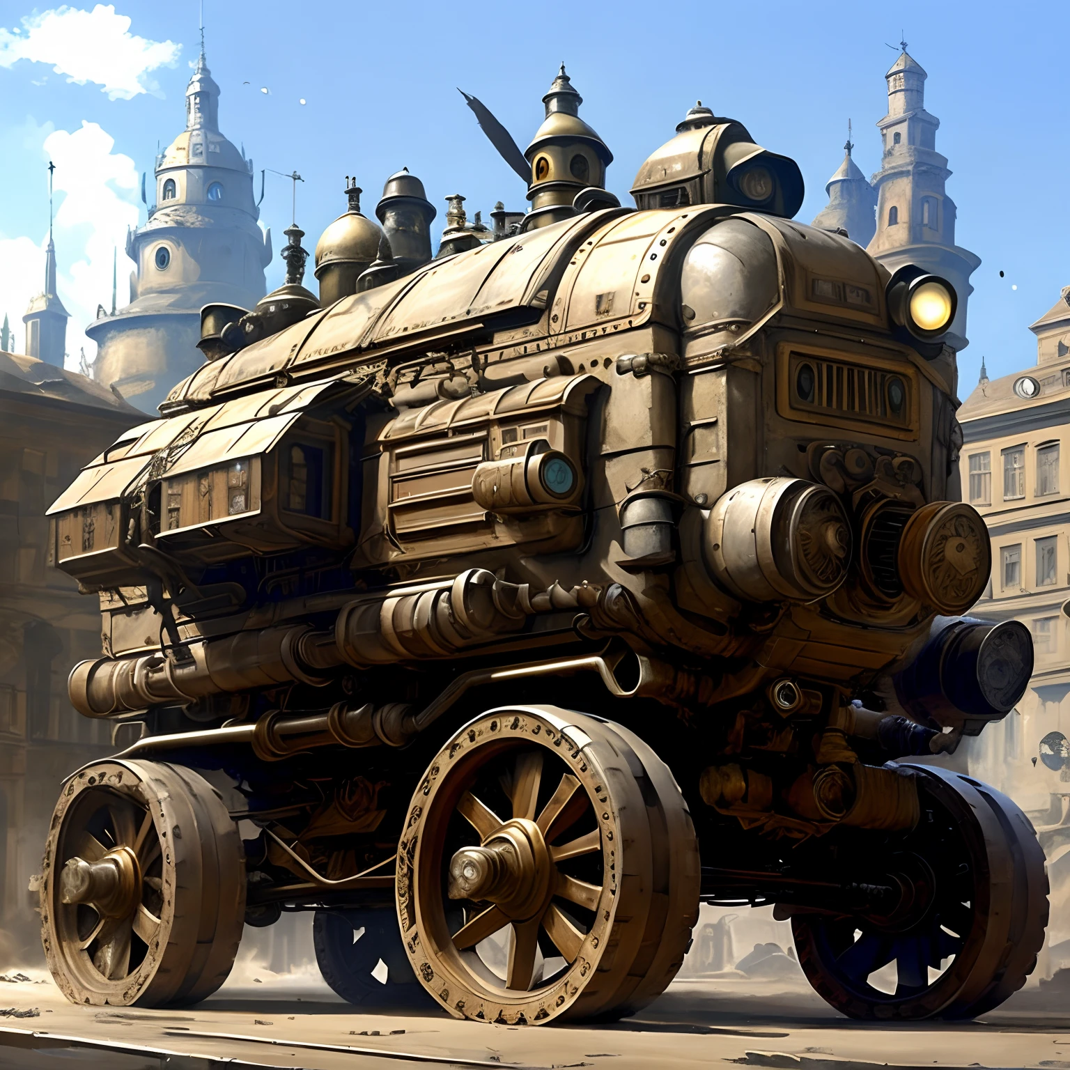 Модель RPG Dieselpunk REDONE , An armored six-wheeled beige cart rides through the city , The wheels of the cart are visible , Front light.