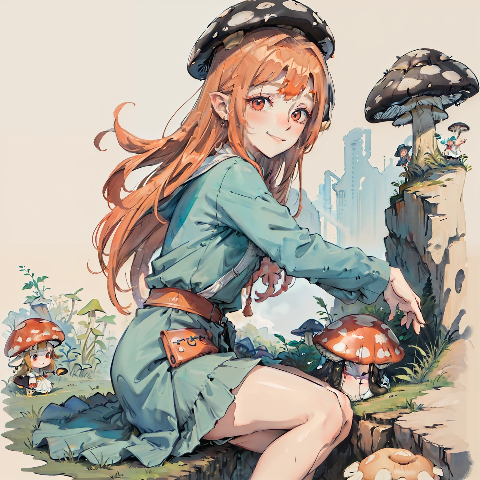 1girll, Long orange-red hair, Red eyes, dress, (Solo:1.3),Simple drawing, Mushrooms and girls, Cute, Big smile, Mushrooms + Mushrooms + Mushrooms + Mushrooms + Mushrooms,Red mushrooms,Cyan mushrooms,White mushrooms,From the side Side,Dancing,Watercolor illustration, Perfect anatomy, Masterpiece, Best quality, 1girll, ,Nature, landscape