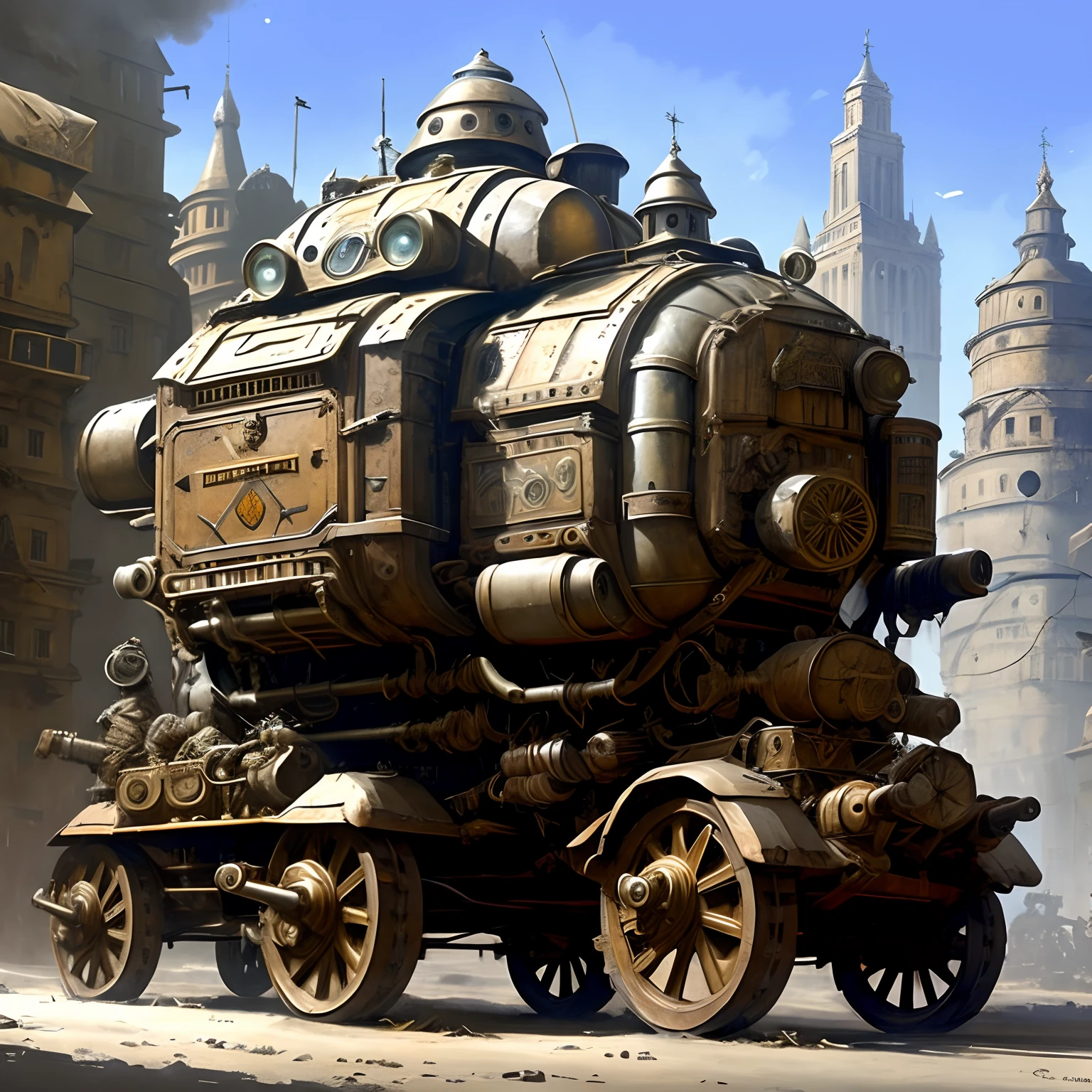 Модель RPG Dieselpunk REDONE , An armored six-wheeled beige cart rides through the city , The wheels of the cart are visible , Front light.
