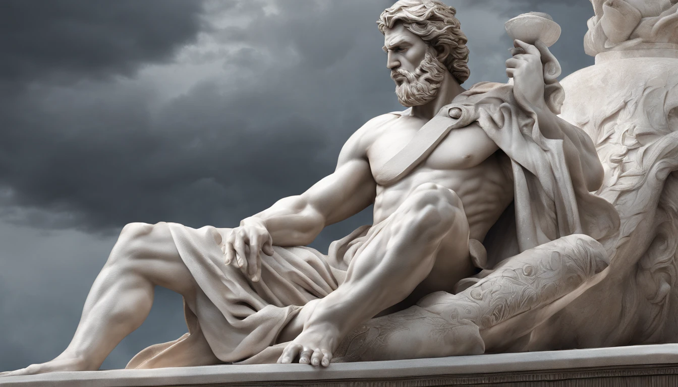 A Greek god of Olympus sitting on his throne in a pensive position, with a stormy background sculpted in white marble | stoic and detailed | espiritual | fine art | peaceful | highly detailed | smooth | sharp focus | illustration| bathing in light | art by artgerm and greg rutkowski and edgar maxence