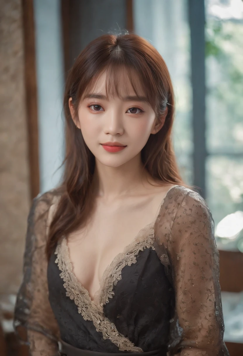 top-quality, Photorealsitic, ​masterpiece, 8K, Hi-Res, 独奏, 1girl in, (((infp young woman))),sixteen years old、full body Esbian、(small tits), ((Look at viewers)), (look at a camera), ((Different hairstyles close to long)）、Perfect straight black hair、(((With bangs)))、 (profetional lighting), Highly detailed bright face、Gentle Japan girl、Lovely smile、Small cleavage、With lace、White dress（long-sleeve）、Standing in the room