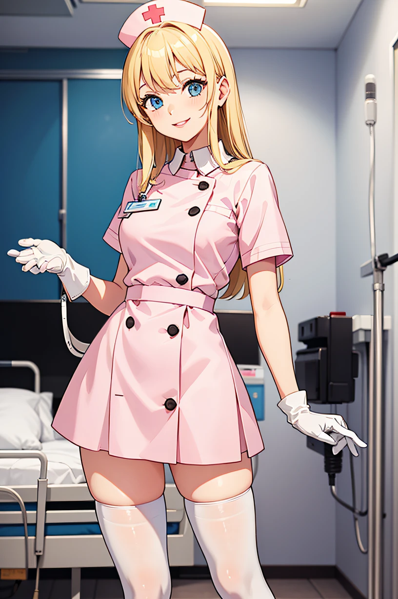 1 female, alone, nurse, nurse cap, white clothes, ((white legwear, zettai ryouiki)), white gloves, blonde hair, blue eyes, pink lips, smile, Are standing, ((hospital room)), sharp outline, short sleeve, mature woman, 35 years old, highest quality, masterpiece