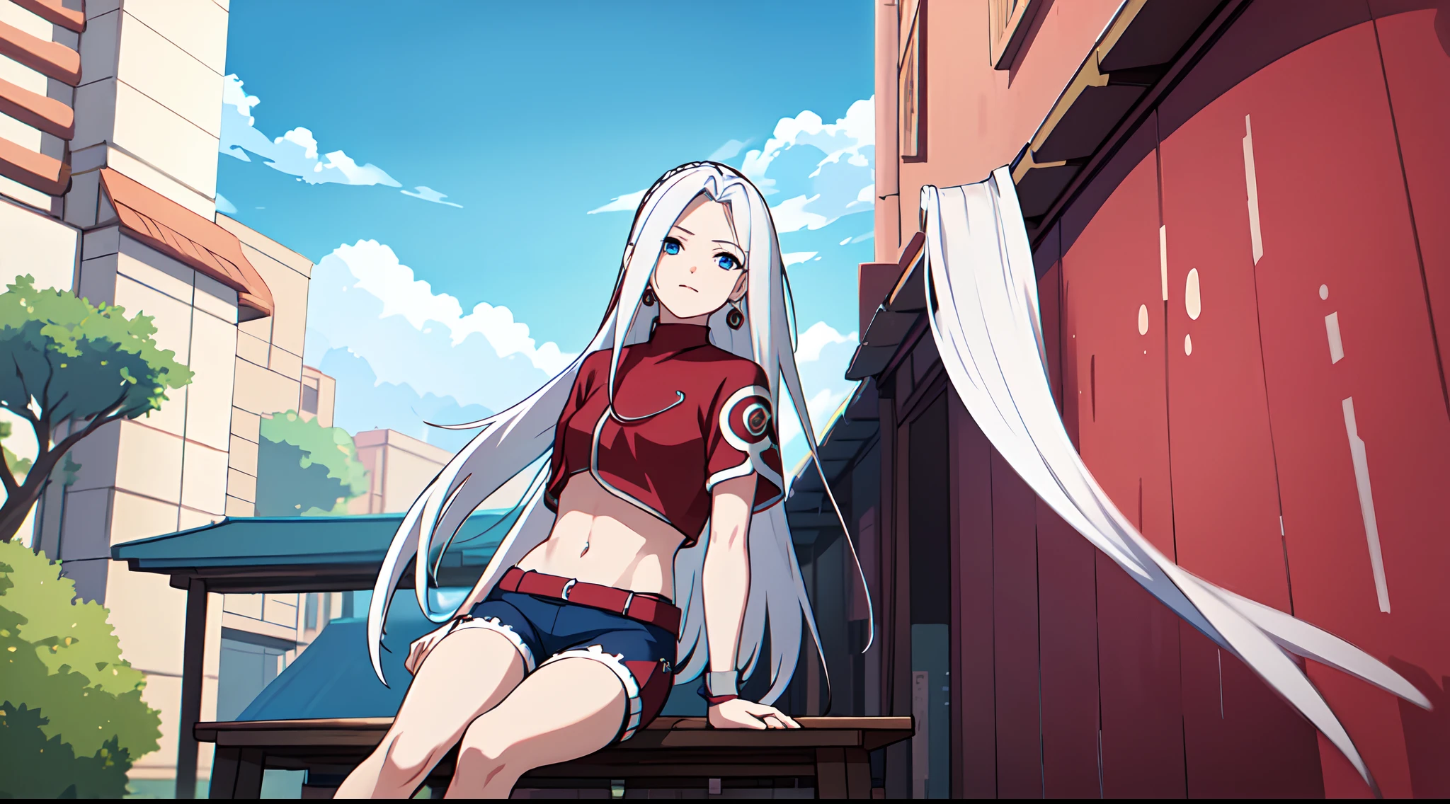 masterpiece, best quality, 1girl, very long white hair braided, bangs, blue eyes, red crop top, black shorts, mesh undershirt, happy, earrings, blue sky, outdoors, konoha