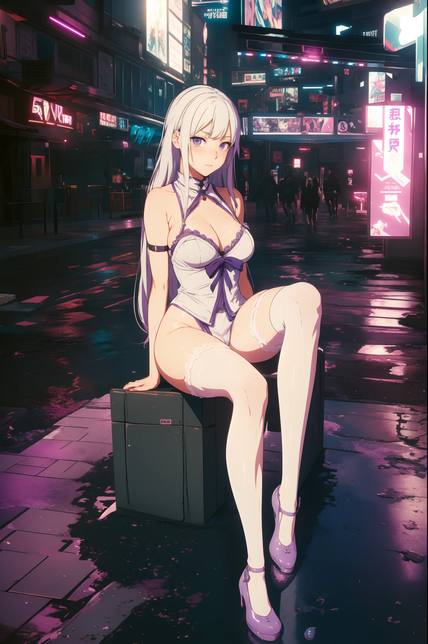 (ANIME ART STYLE), Emilia from re:zero, white long hair, purple eyes, wearing white lingerie, blushing, dynamic pose, sitting knees apart on the middle of the City street, NSFW,wet street, vibrant colours, joyful expressios, legs apart.
