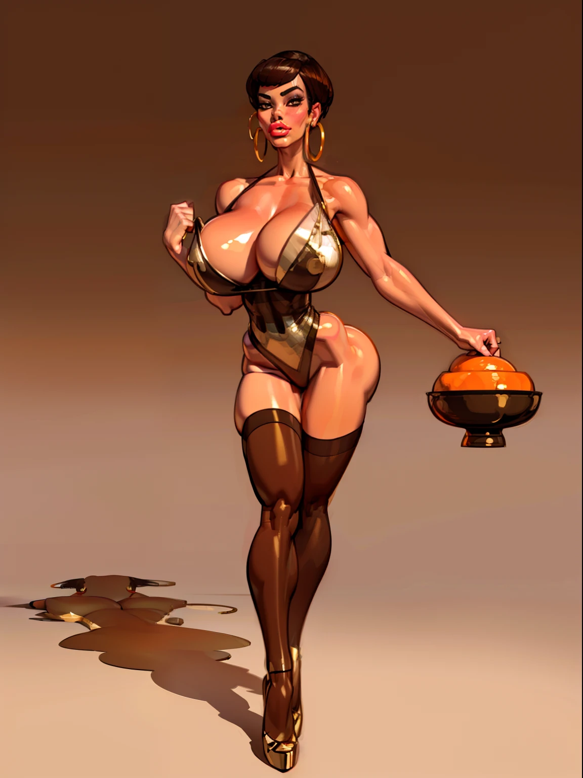 close up, ((masterpiece)),(((best quality))),((character)), ((full body view)) ((black woman)) ((bowl haircut)) ((seductive pose)) mature face, defined cheekbones, high cheekbones, illustration, girl, muscular, (bowl hair cut:1.4)), sexy bimbo, (gigantic breasts:1.4) black hair, ((detailed face:1.4)) beautiful woman, (orange leotard:1.4), (gold hoop earrings:1.6), (thighhigh:1.4) (red lipstick:1.3) , shiny skin, scribbles and marks,(puffy lips:1.5) , rough sketches, 8k,16k, (simple background, white background: 1.3), orange legs, orange arms, (brown face:1.5), ((fighting pose))
