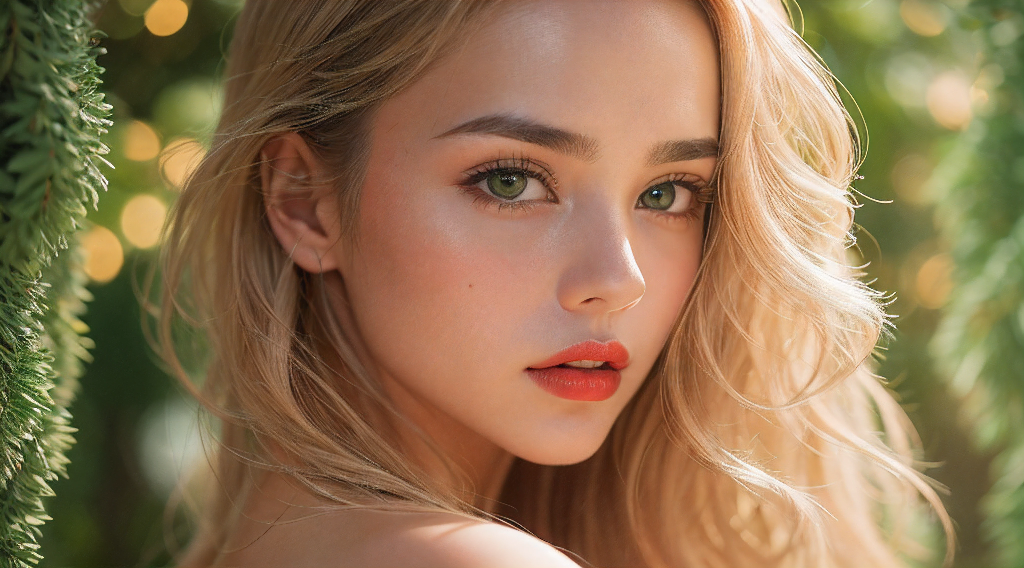 A young and beautiful woman, 20 years old, big breasts, background with forest, very detailed long and tight dress, wavy blonde hair, Gently drop to your shoulders in waves, sensual detailed position, Medium Tall, sensual green eyes, with fair skin, She was in Milan Italy, The environment is illuminated by warm and pleasant lights, Make your hair sparkle, His face was beautiful e naturally sensual, Lips with red lipstick, 8K texture, highly detailed, realistic lying, Soft cinematic light, hdr, sharp focus, masterpiece, Fotor is realistic, Award-winning photography, a Canon EOS R5, 35 mm