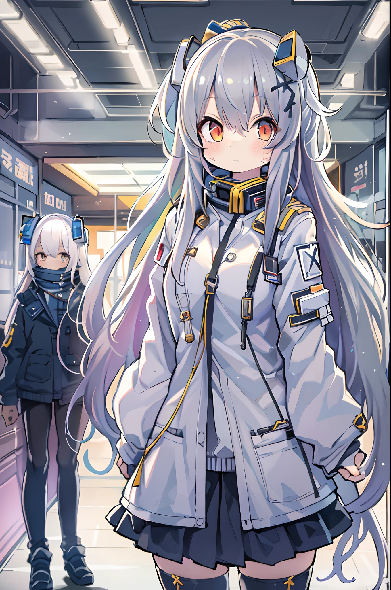 Anime girl with long hair and white coat standing in the hallway, girls frontline style, from girls frontline, from arknights, portrait anime space cadet girl, Cute anime girl, Anime visuals of cute girls, silver hair girl, an anime girl, Anime Mecha Aesthetics, anime aesthetic, Beautiful Anime Portrait, Portrait Anime Girl, pretty anime girl, Beautiful anime girl