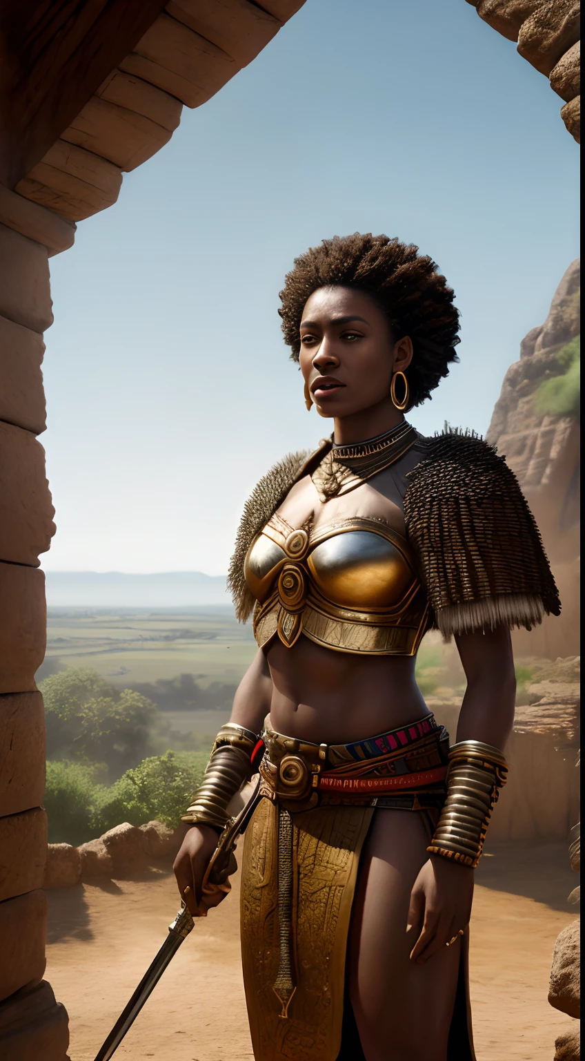 {The detailed image of the warrior queen Nzinga in her distinct South West African warrior outfit, as it could have appeared in the 17th century}, Realist style influenced by Greg Rutkowski, Short telephoto lens, Prise de vue moyenne, (highly detailed:1.3), (ambient light:0.95), (8k resolution:1.2), (baver:1.1)
