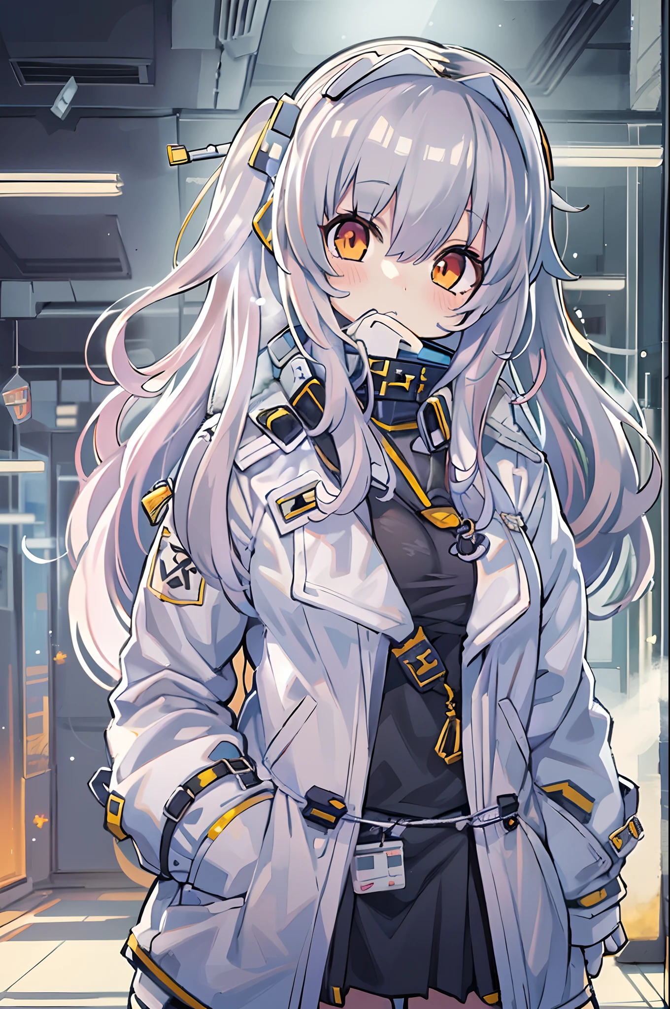 Anime girl with long hair and white coat standing in the hallway, girls frontline style, from girls frontline, from arknights, portrait anime space cadet girl, Cute anime girl, Anime visuals of cute girls, silver hair girl, an anime girl, Anime Mecha Aesthetics, anime aesthetic, Beautiful Anime Portrait, Portrait Anime Girl, pretty anime girl, Beautiful anime girl
