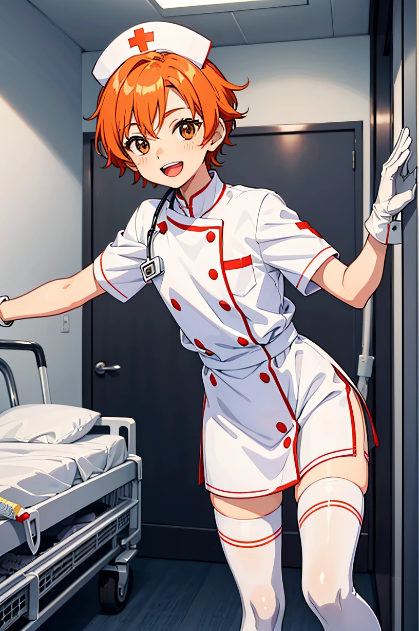 1girl, solo, nurse, nurse cap, white wear, ((white legwear, zettai ryouiki)), white gloves, very short hair, orange hair, smile, open mouth, standing, ((hospital room)), sharp outline, short sleeves, tomboy, boyish, best quality, masterpiece