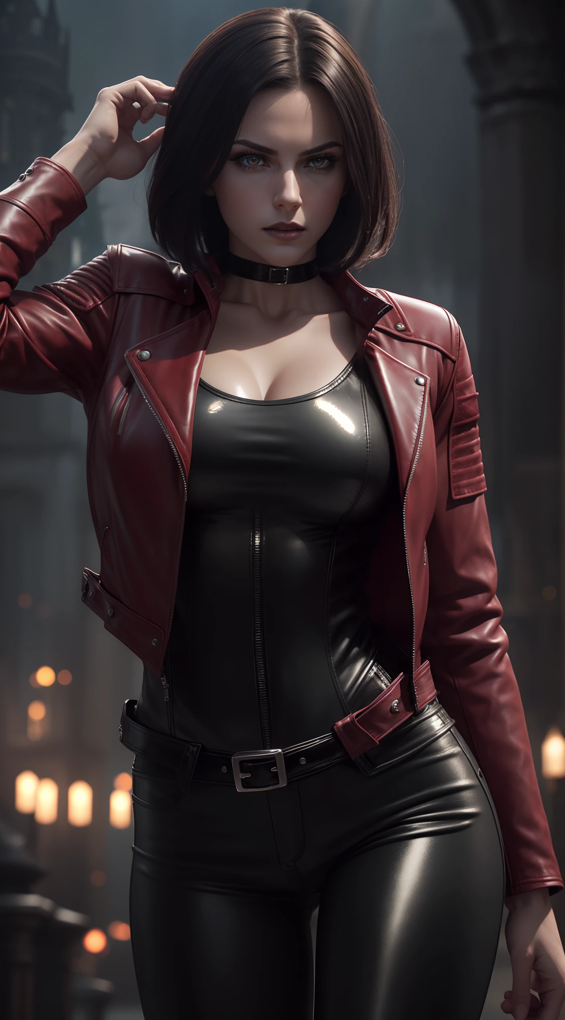 Photorealistic Image of Gorgeous 25 Years Old British Female Vampire Mercenary with Athletic Body, (Shoulder-level Bob Black Hair), (One Person), (Red Leather Jacket and Black Tight Pants:1.4), (Pale Skin:1.4), (Detailed Shiny Appearance:1.4), (Serious Face), Deep Cleavage, (Dynamic Pose:1.4), (Dark Castle at Night:1.4), Centered, (Full Body Shot), (From Front Shot), Insane Details, Intricate Face Detail, Intricate Hand Details, Cinematic Shot and Lighting, Realistic Colors, Masterpiece, Sharp Focus, Ultra Detailed, Taken with DSLR camera, Realistic Photography, Depth of Field, Incredibly Realistic Environment and Scene, Master Composition and Cinematography