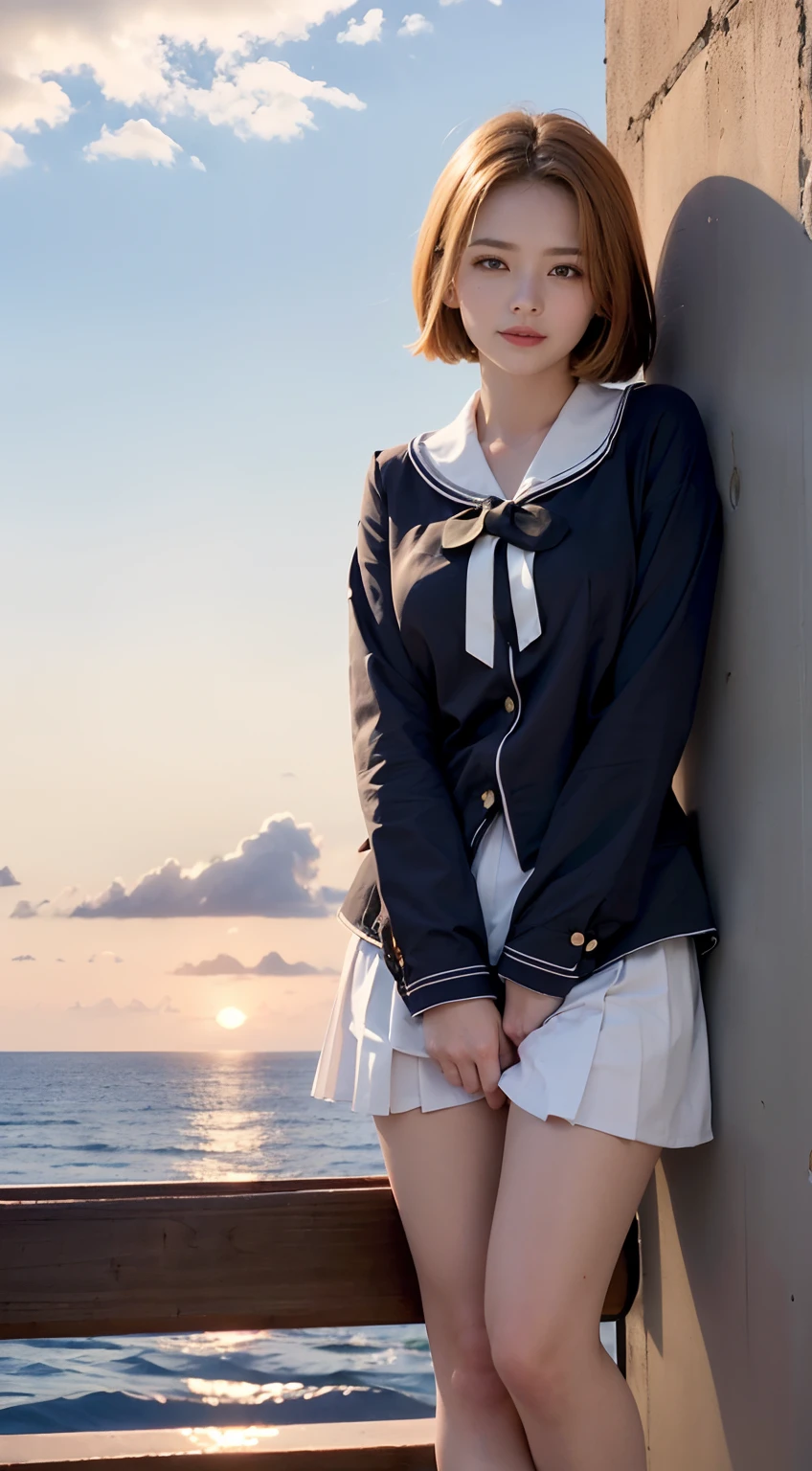 (Best Quality, hight resolution, masutepiece :1.3), (Taken from below), Pretty Woman, Orange sunset sky, Sun and clouds on sea background, Cute girl in uniform. Her hair is light brown in medium bob style. She wears a white blouse and pleated skirt, Stand with her legs wide open, Blushing face, looking in camera, Dynamic shooting