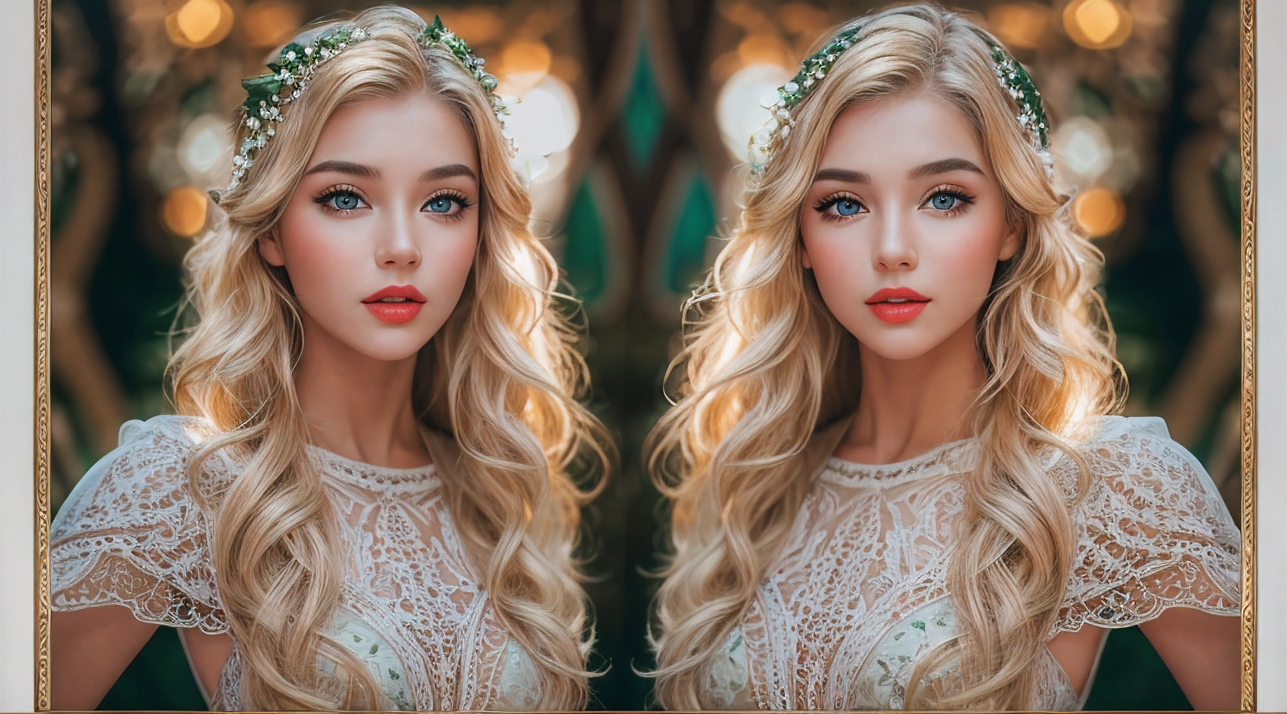 A young and beautiful woman, 20 years old, big breasts, background with forest, very detailed long and tight dress, wavy blonde hair, Gently drop to your shoulders in waves, sensual detailed position, Medium Tall, sensual green eyes, with fair skin, She was in Milan Italy, The environment is illuminated by warm and pleasant lights, Make your hair sparkle, His face was beautiful e naturally sensual, Lips with red lipstick, 8K texture, highly detailed, realistic lying, Soft cinematic light, hdr, sharp focus, masterpiece, Fotor is realistic, Award-winning photography, a Canon EOS R5, 35 mm