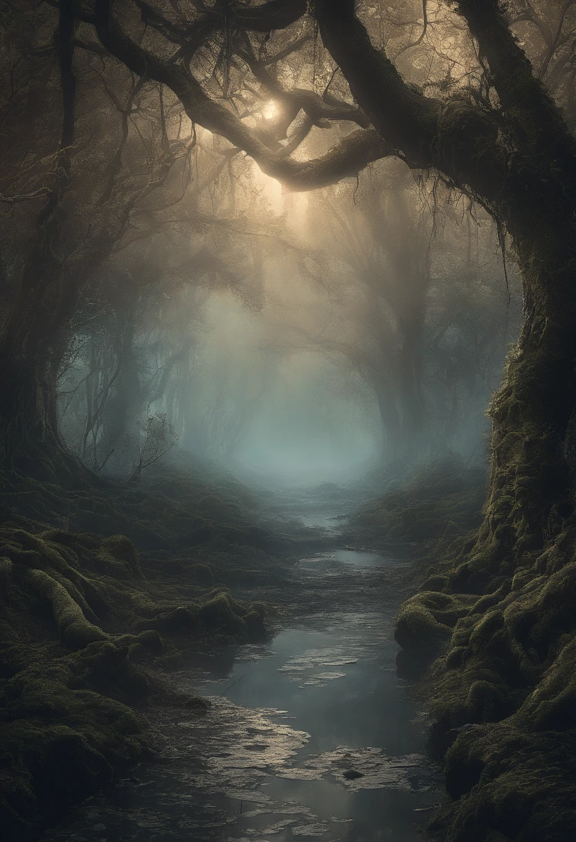In a horrible fairy-tale swamp under the moonlight, with a traveler
(best quality,4k,8k,highres,masterpiece:1.2),ultra-detailed,(realistic,photorealistic,photo-realistic:1.37), HDR, UHD, studio lighting, extreme detail description, professional, vivid colors, bokeh, eerie atmosphere, dark shadows, glowing plants, misty surroundings, mysterious creatures emerging, moonlight reflections on the water, moss-covered rocks, creepy tree branches stretching, thick fog, lonely traveler navigating through the swamp cautiously, intense sense of danger, moonlight illuminating the twisted path, sound of distant howling, muffled croaking of frogs, eerie silence broken by rustling leaves, sinister secrets hidden beneath the murky water surface, dense vegetation creating a claustrophobic ambiance, haunting beauty, ominous energy filling the air, the traveler's terrified expression, clinging to a lantern for limited visibility, worn-out backpack, tattered maps, signs of previous explorers' presence, shivers crawling up the spine, heart pounding, mysterious foggy figures lurking in the distance, paranormal presence, the traveler's footprints slowly disappearing behind, the traveler's desperate escape from the cursed swamp.