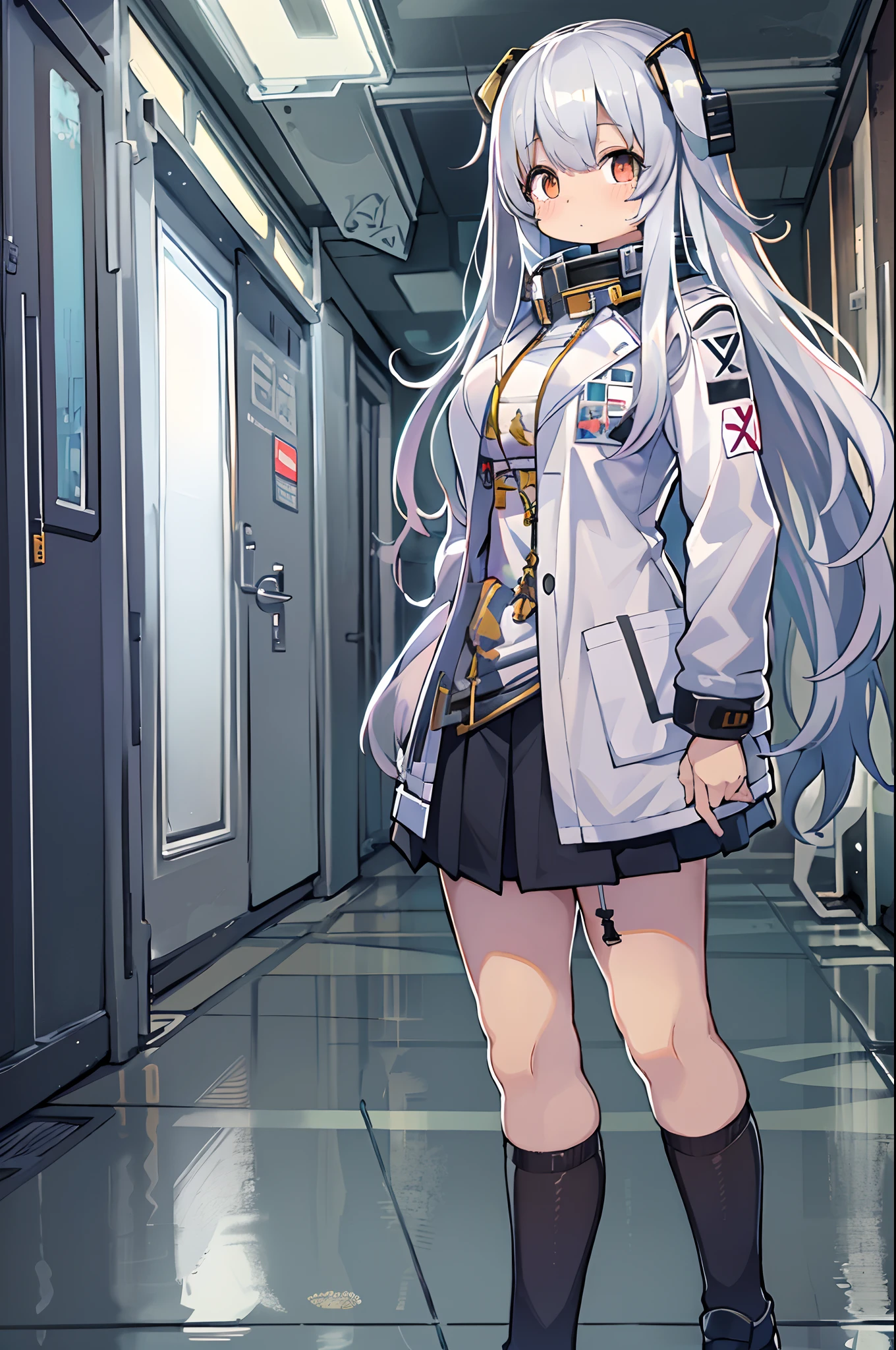 Anime girl with long hair and white coat standing in the hallway, girls frontline style, from girls frontline, from arknights, portrait anime space cadet girl, Cute anime girl, Anime visuals of cute girls, silver hair girl, an anime girl, Anime Mecha Aesthetics, anime aesthetic, Beautiful Anime Portrait, Portrait Anime Girl, pretty anime girl, Beautiful anime girl