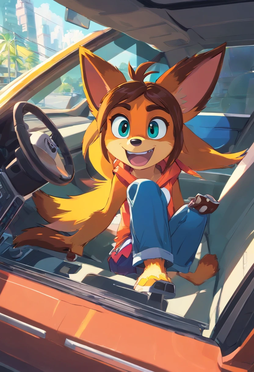 uploaded the e621, beautiful and detailed, woman (((female))) ((anthro)) Fox, (Averi, Fox girl), cinematic lighting, Fox, (anthro, fluffy fur), anthro fox girl, body fur, curvy, sexy, nice, cute, hot, comfortable anime-style cartoon-style, digital drawing, SFW, flat chest, green eyes, nervous smile, sassy, sassy hips, happy smile, excited smile, fangs, looking at viewer, in a car, car seat, tilted head, leaning sideways, wet fur, sitting, sitting on chair, sitting with legs up