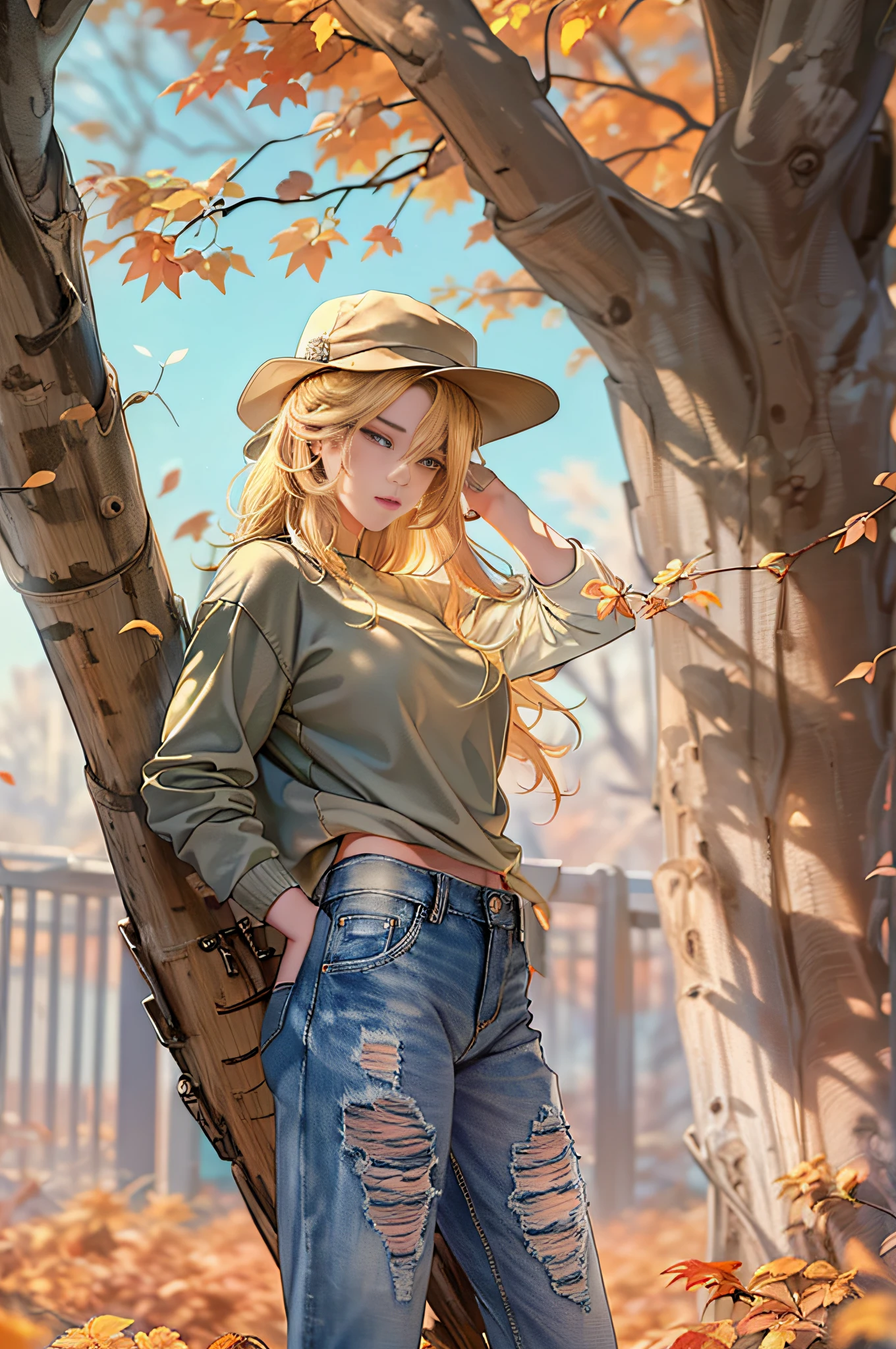 ((Masterpiece, best quality,edgQuality)), smug,smirk, edgADC_fashion, blonde hair, long sleeves, hat, pants, from behind, sweater, tree, leaf print, denim, autumn leaves, jeans, realistic ,wearing edgADC