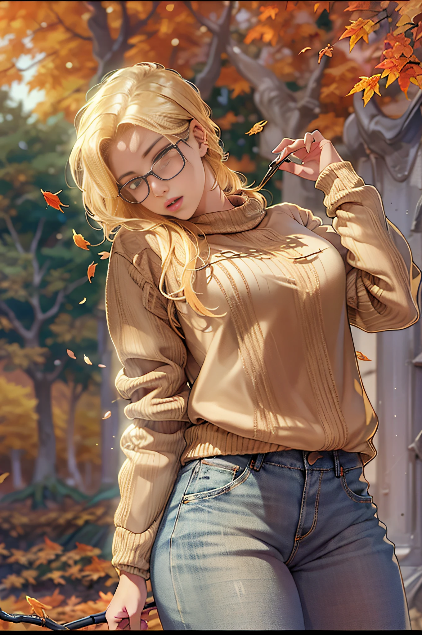 ((Masterpiece, best quality,edgQuality)), smug,smirk, edgADC_fashion, blonde hair, long sleeves, hat, pants, from behind, sweater, tree, leaf print, denim, autumn leaves, jeans, realistic ,wearing edgADC