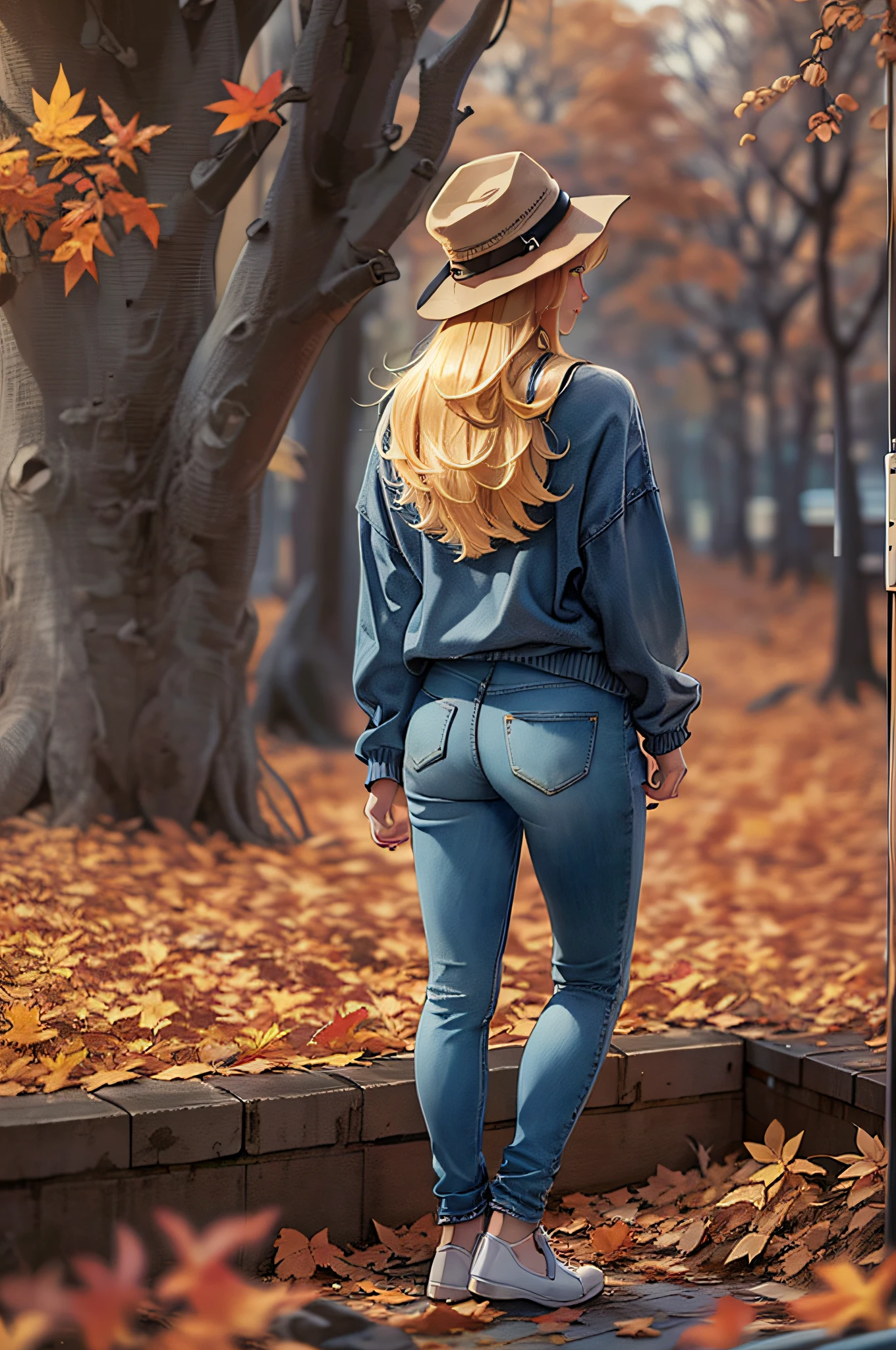 ((Masterpiece, best quality,edgQuality)), smug,smirk, edgADC_fashion, blonde hair, long sleeves, hat, pants, from behind, sweater, tree, leaf print, denim, autumn leaves, jeans, realistic ,wearing edgADC