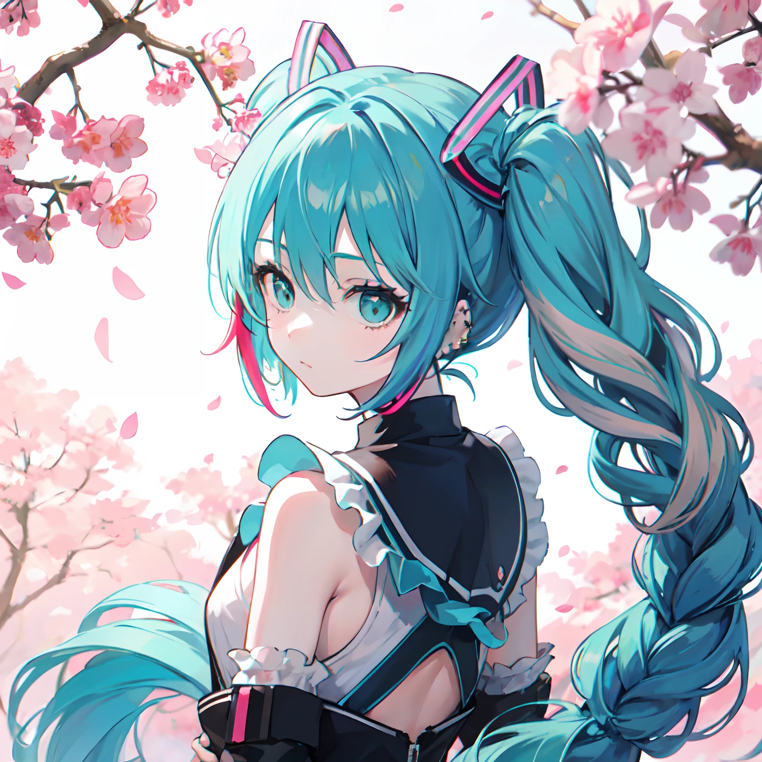 from adobe,miku hatsune,Stand under a cherry tree,Sakura blizzard,Looks Back,（Solo,(Dreadlocks:1.4),Drill Hair,afro,Ponytail,two side up,hime-cut,Twin-tailed,braid,(Hair bun:0.7),(wavy multicolor hair:1.2),Piercing,headset on head,a cold expression