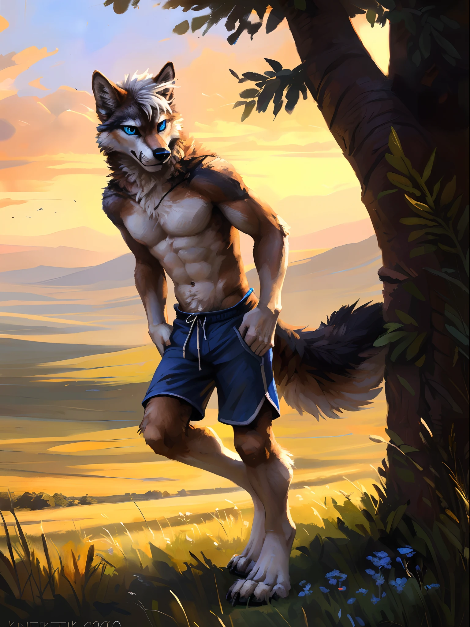 ((Solo)), male people, anthro wolf, (Multi-colored fur, White-brown:1.3), ((Wolf face, White hair, Big eyes, White eyelids, Blue pupil, Slim:1.2) (Tough, Calm expression:1.2)), Abs, Slim, pinging)), (Correct anatomy), (Work shorts:1.1), (Contour bone:1.2), The upper body is naked, (detailed outfits),A big tail，Feet，(Realistic fur, Detailed fur texture, labeled:1.3)), (Natural lighting), Photorealistic, Hyperrealistic, ultradetailed, by Kenket，Endless grasslands，No artificiality，erect through