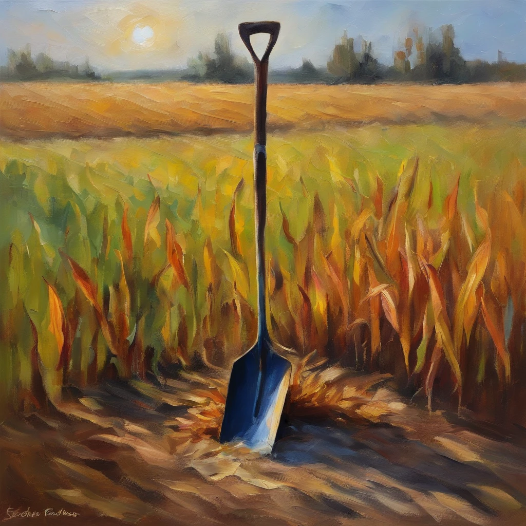 shovel with ribbon on the handle stuck in ground horor vibes (background: corn fields, dawn sky) oil painting, canvas texture