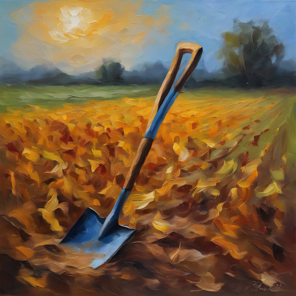 shovel with ribbon on the handle stuck in ground horor vibes (background: corn fields, dawn sky) oil painting, canvas texture