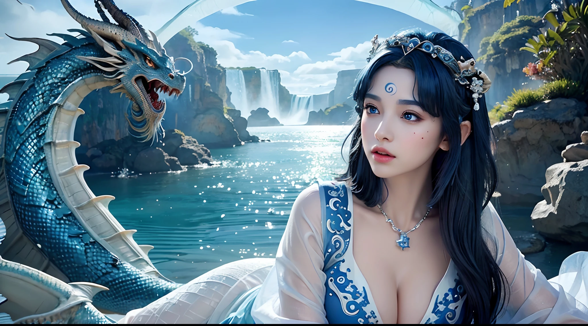 (highest image quality), (masterpiece), (vibrant, photography realistic, Realistic, Dramatic, Dark, Sharp focus, 8K), (best quality,highres),(realistic:1.37),beautiful detailed eyes,beautiful detailed lips,(longeyelashes:1.1),perfectly symmetrical face, flawless complexion, radiant smile, graceful features, stunningly proportioned features, exquisitely shaped eyebrows,vibrant and expressive eyes, luscious and inviting lips, captivating gaze, intricate contours of the face, delicate and refined features, intricate facial bone structure, gleaming skin, porcelain-like complexion, soft and smooth skin, youthful and radiant appearance, sparkling eyes, enchanting smile, symmetrical and harmonious facial expressions, extraordinary beauty, timeless elegance, mesmerizing and magnetic presence, ethereal and otherworldly charm, statuesque beauty, angelic appearance, divine grace., Cinematic Portrait, ((Blue and white Taoist clothes:1.5)), ((hanfu:1.2)), open v chest clothes, big boobs, ((fairyland waterfall backdrop:1.3)), ((sexy pose)), ((all body shot:1.3)) (make up), ((ethereal beauty)), ((surprised expression face)), ((blue hair :1.5)), (elf ears), (hair stick, flower crown, Pendant, Necklace, Chain, Strand of beads), Highly detailed face and skin texture, (big mole eye:1.2) ((A huge ocean dragon is behind backdrop:1.5)), natural color, ((blue eyes))