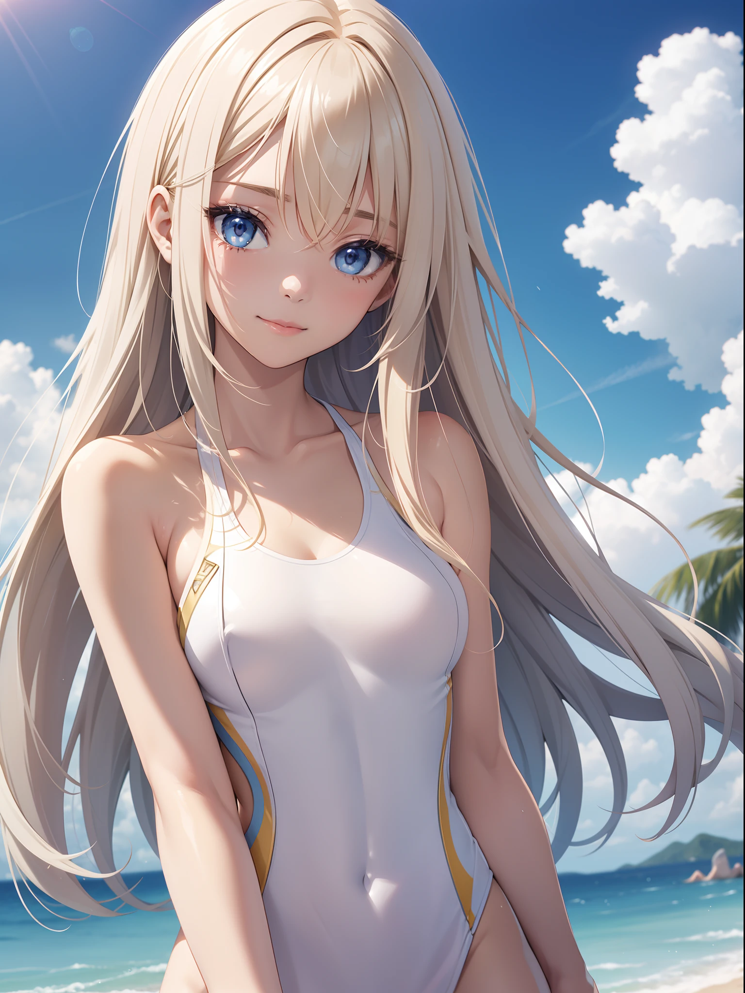 Official art、Top quality ultra-detailed CG art、a beauty girl:1.2)、a blond、Glossy hair、smooth hair、large blue eyes,Mid summer、kawaii、The sky is beautiful、medium cut、White competitive swimsuit、Smooth clothes、ssmile、It features a simple、Naked、