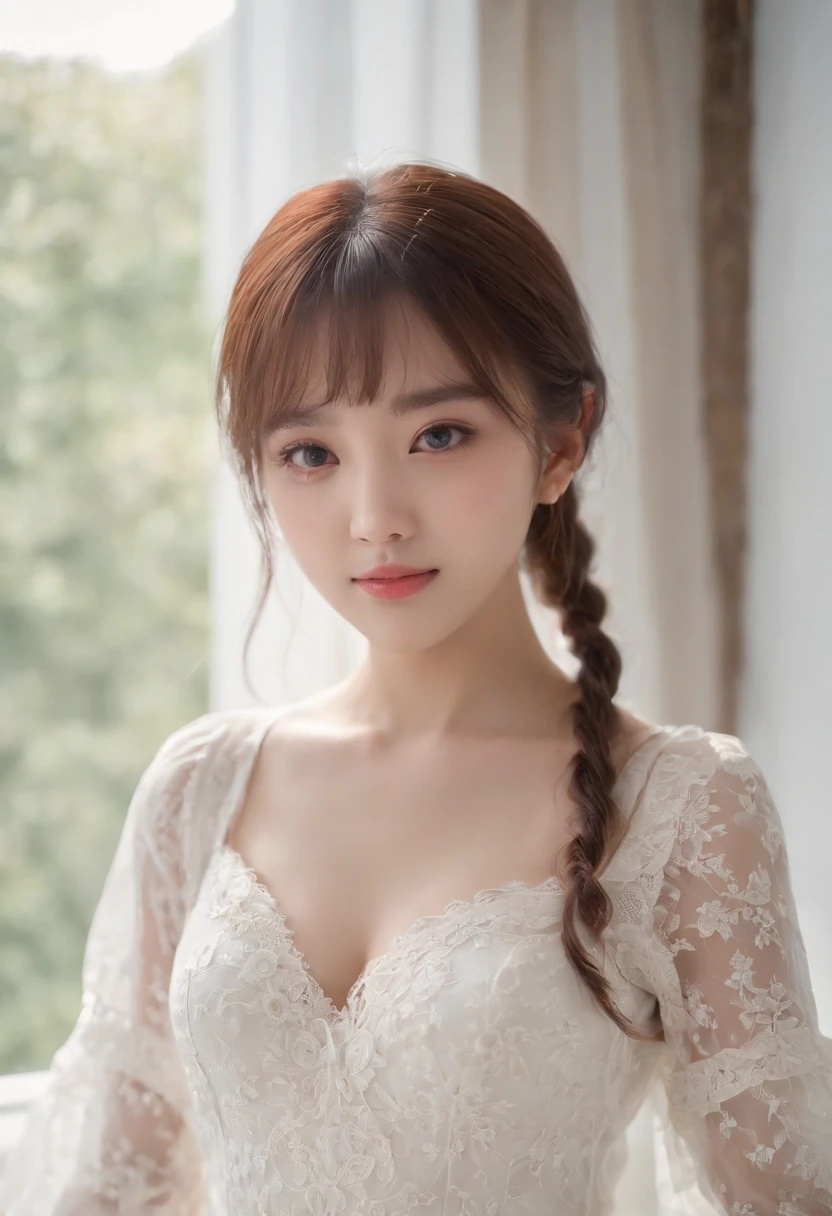 top-quality, Photorealsitic, ​masterpiece, 8K, Hi-Res, 独奏, 1girl in, (((infp young woman))),sixteen years old、full body Esbian、(small tits), ((Look at viewers)), (look at a camera), ((Different hairstyles close to long)）、Perfect straight black hair、(((With bangs)))、 (profetional lighting), Highly detailed bright face、Gentle Japan girl、Lovely smile、Small cleavage、With lace、White dress（long-sleeve）、Standing in the room