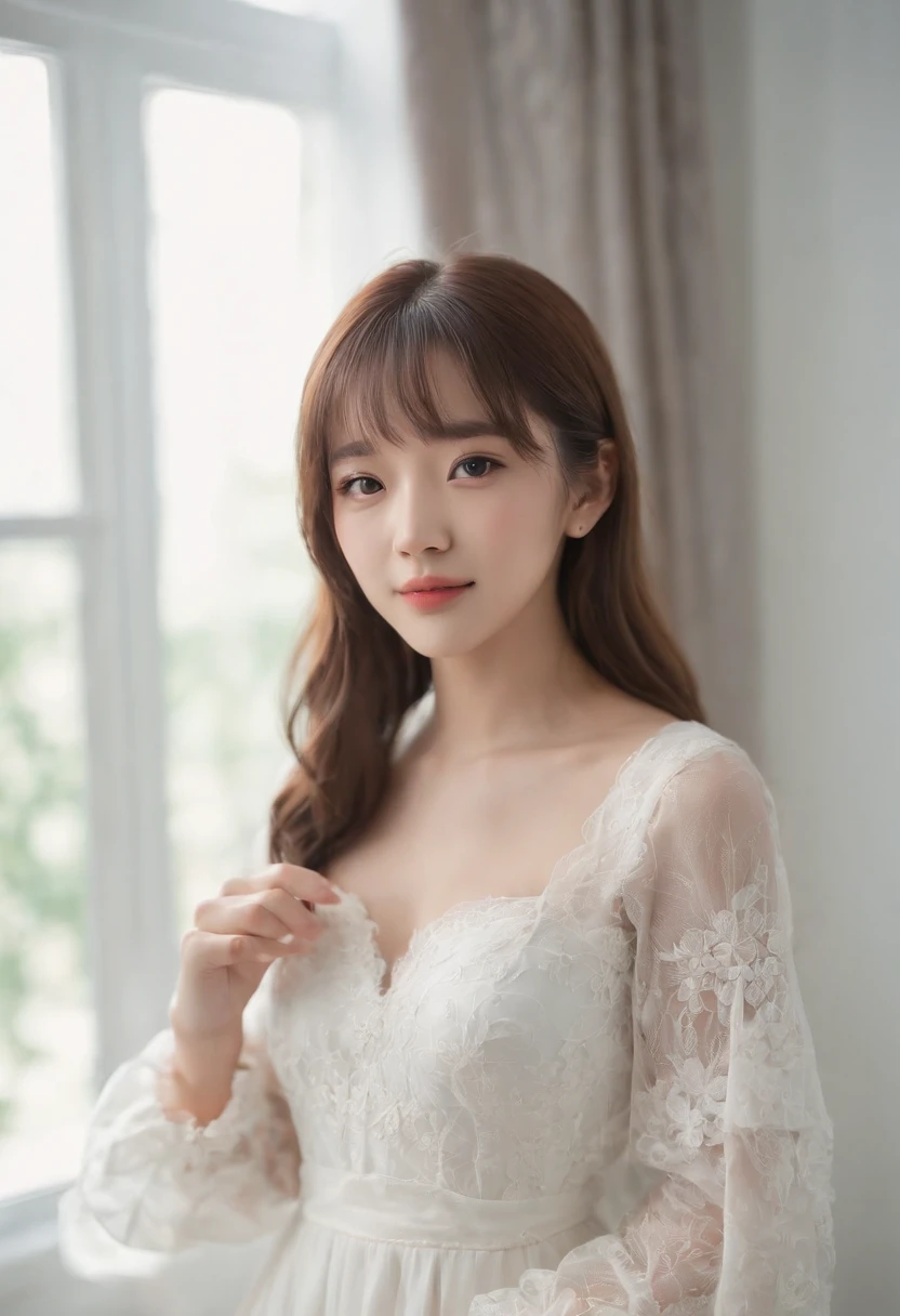 top-quality, Photorealsitic, masterpiece, 8K, Hi-Res, 独奏, 1girl in, (((infp young woman))),sixteen years old、full body Esbian、(small tits), ((Look at viewers)), (look at a camera), ((Different hairstyles close to long))、Perfect straight black hair、(((With bangs)))、 (profetional lighting), Highly detailed bright face、Gentle Japan girl、Lovely smile、Small cleavage、With lace、White dress(long-sleeve)、Standing in the room