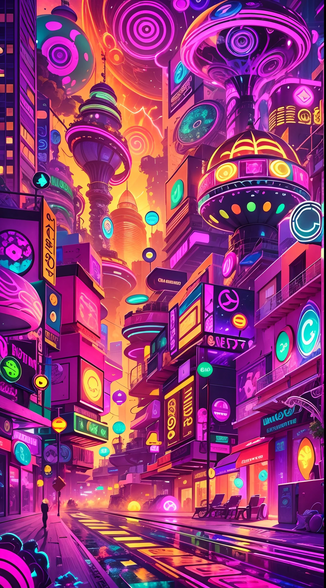 ((The city of the future)),(Best quality,4K,8K,A high resolution,Masterpiece:1.2),Ultra-detailed, [Vibrant colors], [psychedelic patterns], [Sparkling textures], [Abstract shapes], [Unique design], [A mesmerizing glow], [Creative composition], [Playful elements], [Dreamlike atmosphere], [Artistic expression], [fantasy surrealism], [energetic movement], [futurism aesthetic], [Magical charm], [Bold and energetic], [Psychedelic vibes], [Neon lights], [Eclectic combinations], [Ethereal beauty], [An otherworldly experience], [Whimsical touch], [Sensory overload], [mind-bending illusions], [electric energy], [Hypnotic vision], [Mysterious nature], [Imaginative footwear], [eye - catching detail], [dynamic contrast], [Psychedelic color palette], [delicate craftsmanship], [Attractive visuals], [Fascinating perspective], [Unconventional design], [Mindset expansion], [An unforgettable shock].