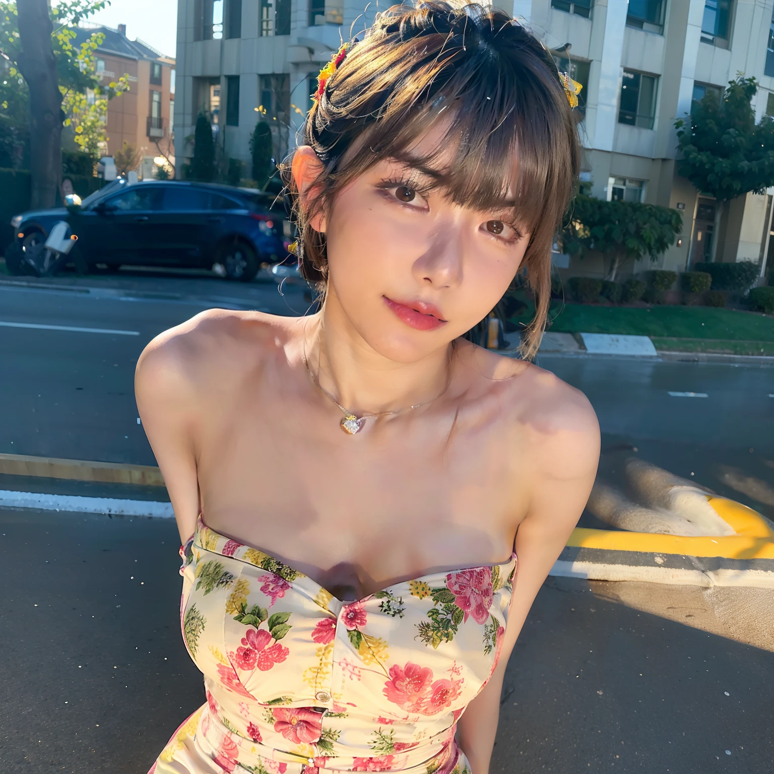 (8K, Raw photo, Best Quality, masutepiece:1.2), (Realistic, Photorealsitic:1.37), Best Quality, 超A high resolution, NFSW Backlit, light leaks, Dynamic lighting, slim, Smooth skin, (pureerosface_v1:1), bond, Navel, Kpop Idol, (Beautiful detailed eyes:1),(beautifull detailed face:1),(Freebuff:1.2), Outdoors, ulzzang-6500, 1girl in, Standing, Upper body, (:1.2), , from the front side, Front view, Looking at Viewer, Huge breasts, arms behind back, Street, Sunlight,