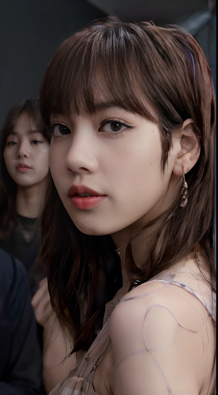 ((Lisa from Blackpink)), nude, close-up face, very light skin, very long hair, wavy hair, cinema entrance, photorealistic, indirect lighting, volumetric light, ray tracing, hyperdetailed, best quality, high resolution, HDR , 8k