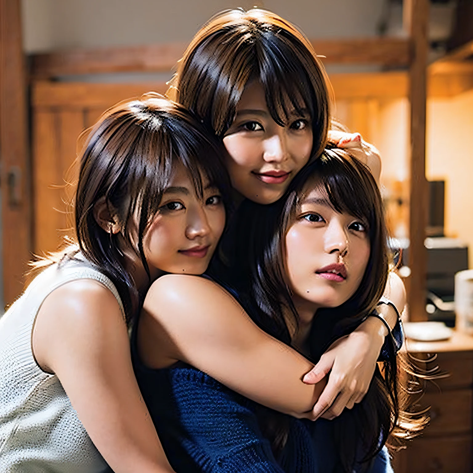 (8K、Raw photography、top-quality、masterpiece:1.2)、(realisitic、Photorealsitic:1.37)、ultra-detailliert、超A high resolution、Identical twin sisters hugging each other、see the beholder、beautifull detailed face、A smile、Constriction、(Slim waist) :1.3)、Tank Tops、Beautiful detailed skin、Skin Texture、floated hair、profetional lighting、