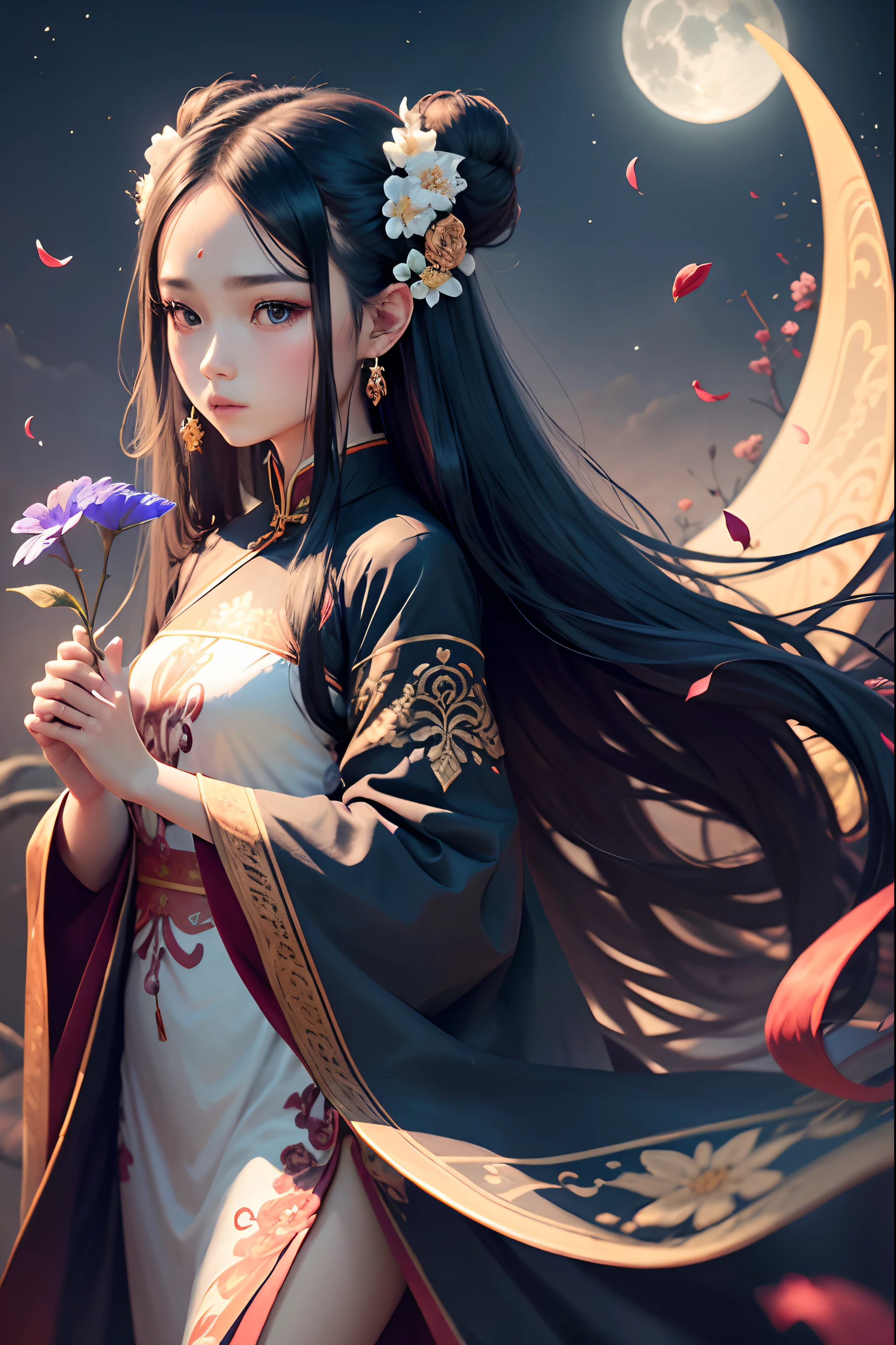 1girl, flower, hair ornament, solo, long hair, black hair, holding, holding flower, branch, jewelry, chinese clothes, hair bun, earrings, hair flower, long sleeves, petals, moon, wide sleeves, forehead mark, blue flower, dress --auto