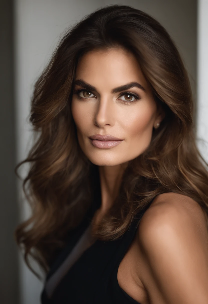 engineer woman with a black dress, fille sexy aux yeux bleu, Portrait cindy crawford, cheveux bruns et grands yeux bleu, selfie of a young woman, 25 years old, Yeux de chambre, Violet Myers, sans maquillage, maquillage naturel, looking straight at camera, Visage avec Artgram, Maquillage subtil, stunning closeup-headshot, piercing brown eyes