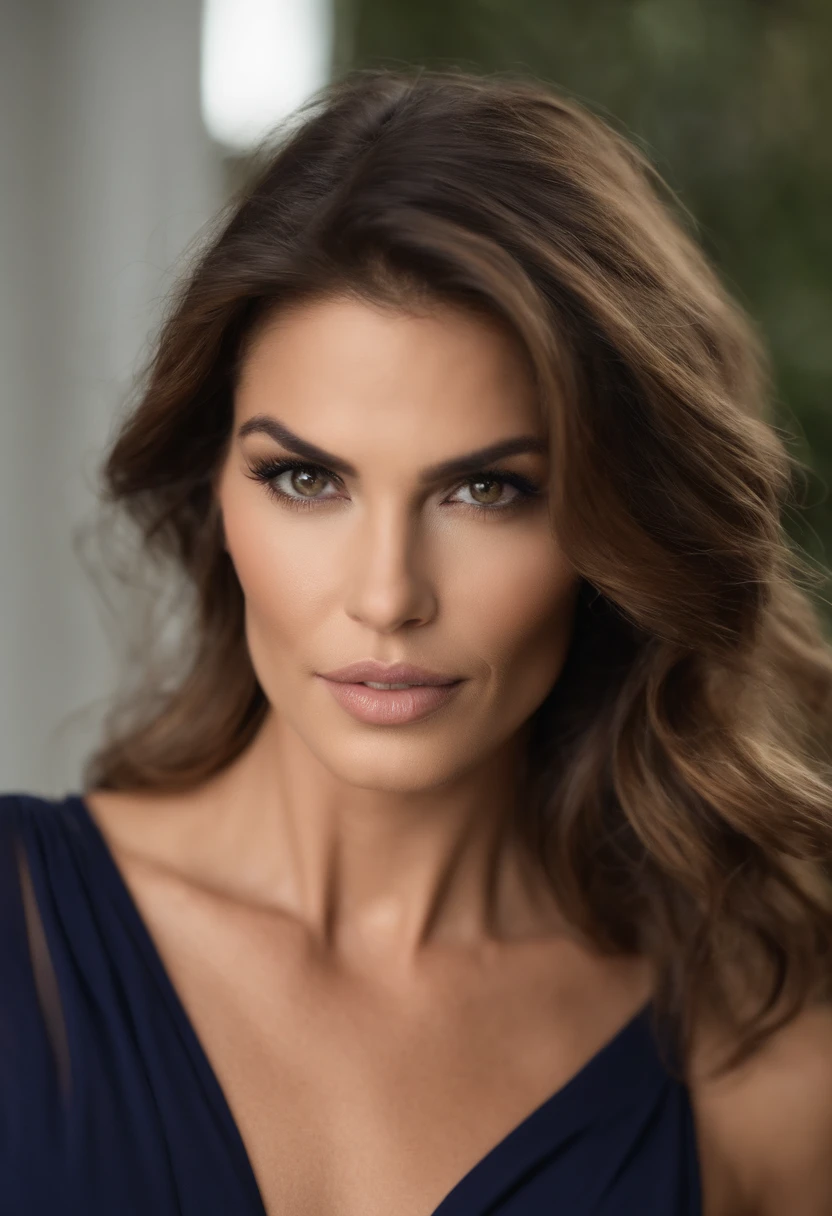 engineer woman with a black dress, fille sexy aux yeux bleu, Portrait cindy crawford, cheveux bruns et grands yeux bleu, selfie of a young woman, 25 years old, Yeux de chambre, Violet Myers, sans maquillage, maquillage naturel, looking straight at camera, Visage avec Artgram, Maquillage subtil, stunning closeup-headshot, piercing brown eyes