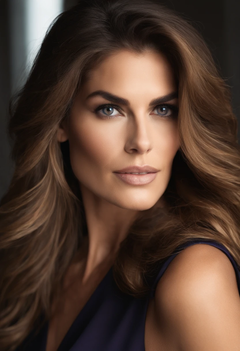engineer woman with a black dress, fille sexy aux yeux bleu, Portrait cindy crawford, cheveux bruns et grands yeux bleu, selfie of a young woman, 25 years old, Yeux de chambre, Violet Myers, sans maquillage, maquillage naturel, looking straight at camera, Visage avec Artgram, Maquillage subtil, stunning closeup-headshot, piercing brown eyes