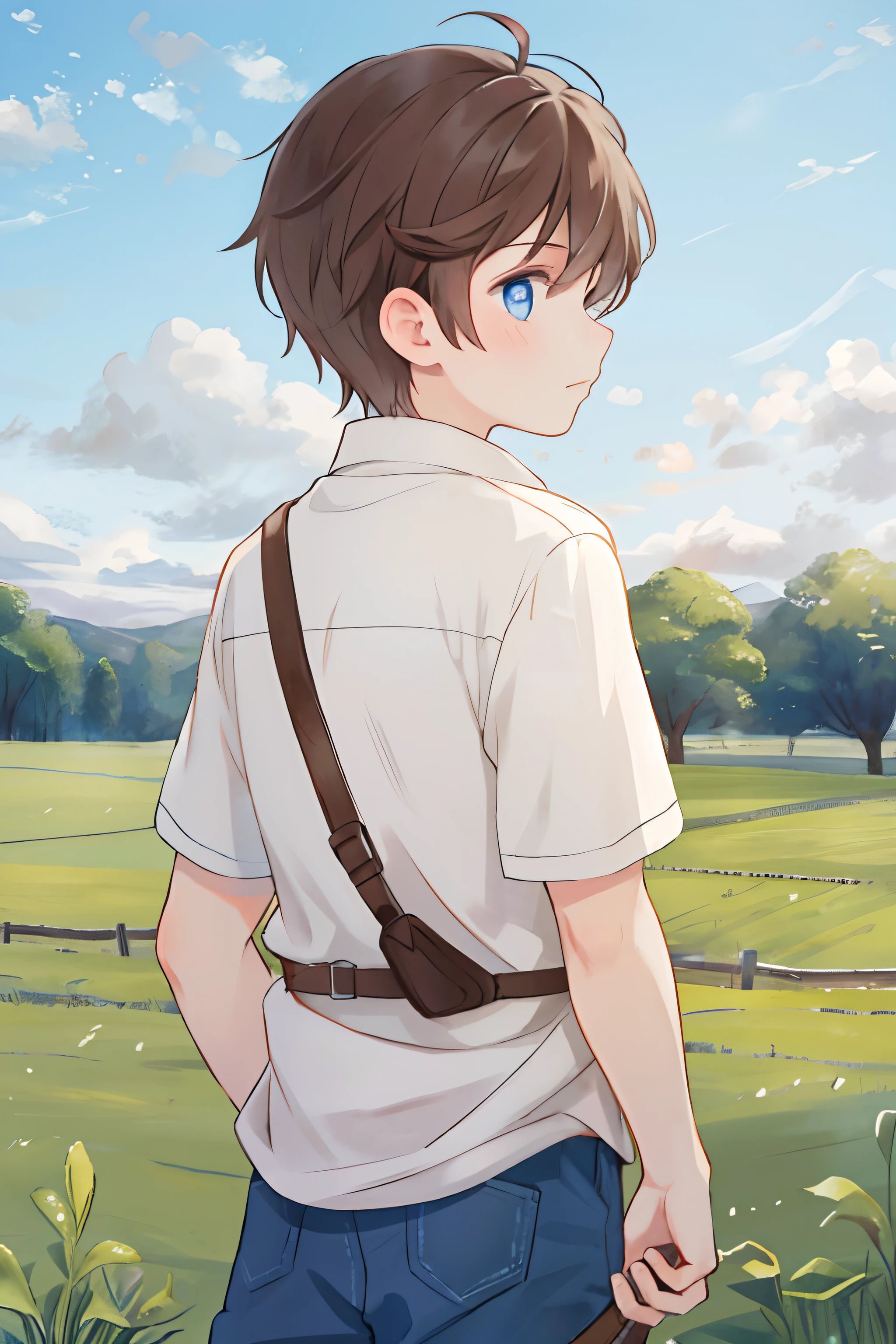 A boy with blue eyes and brown hair, on his farm, looking with his back to the sky, far away