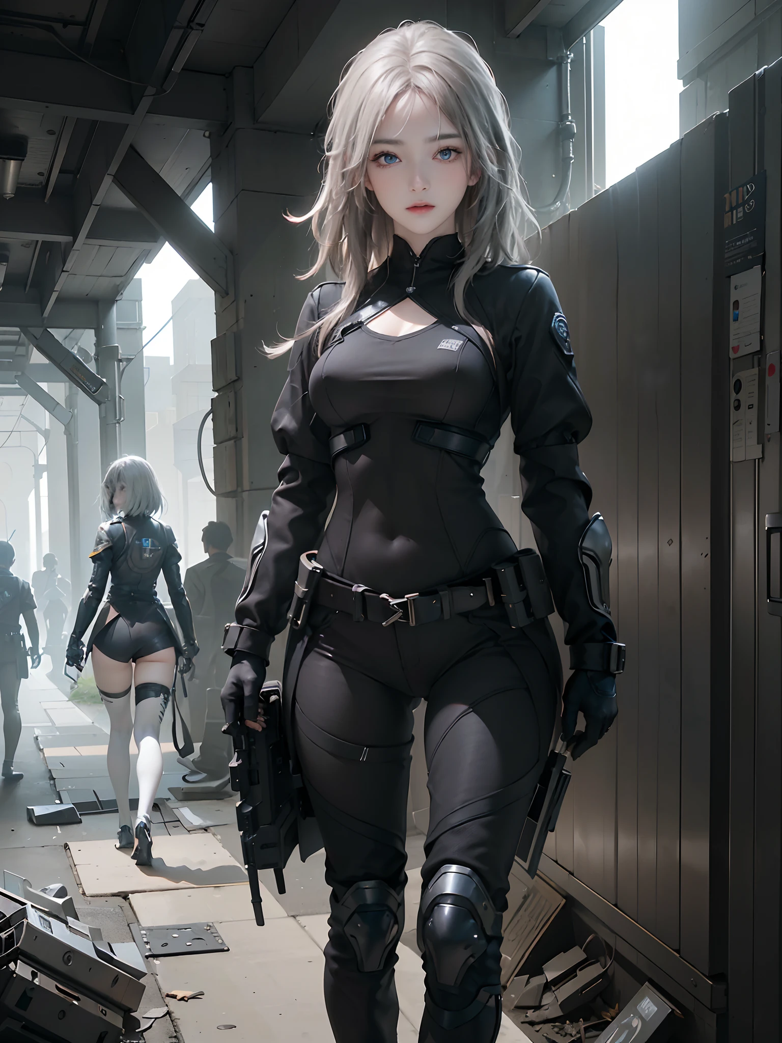 ((top-quality)), (((masterpiece)), (detaileds: 1.4), 3D, Beautiful Cyberpunk Woman Image, bob cuts, Broken black tights, leather clothes, Electromechanical, nffsw(HighDynamicRange), Ray traching, NVIDIA RTX, Hyper-Resolution, Unreal 5, Sub-surface scattering, PBR Texture, Postprocess, Anisotropy Filtering, depth of fields, Maximum sharpness and acutance, Multilayer Texture, Albedo and Highlight Maps, Surface Coloring, Accurate simulation of light-material interactions, perfectly proportions、octane renderings、two tone lighting、Large aperture、Low ISO、White Balance、thirds rule、8K Raw、masterpiece、top-quality、(8k extremely detailed CG unit wallpaper)(top-quality)、(The best illustrations)、(Best Shadows), blue eyes, long hair, big titt